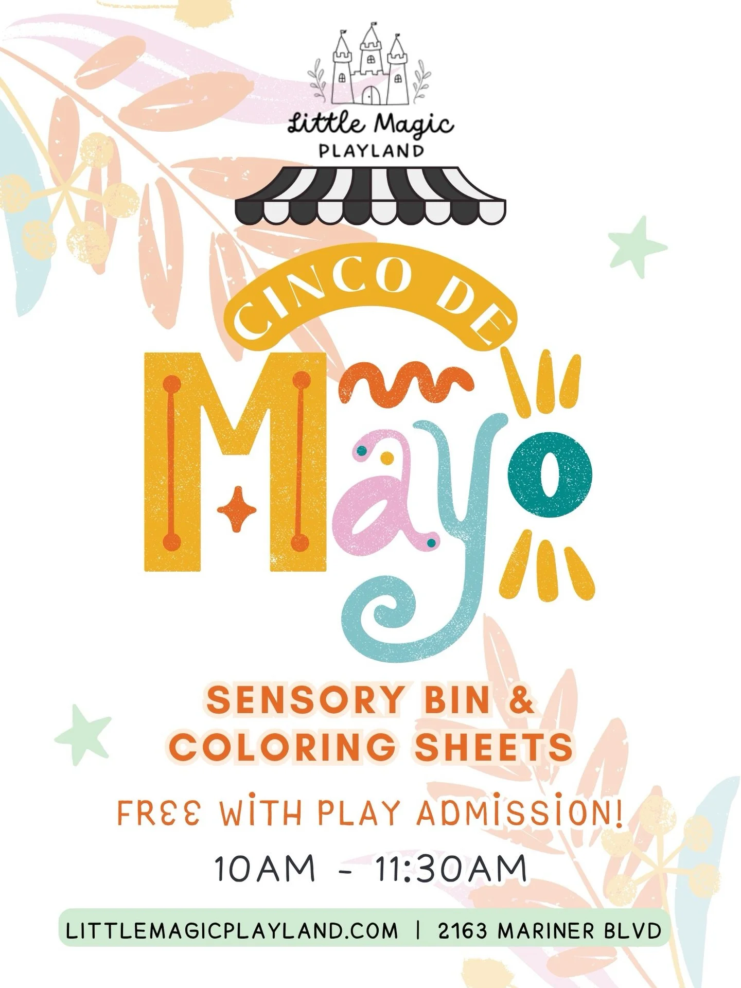 Join us tomorrow morning for a little Cinco de Mayo fun! 🇲🇽✨
We&rsquo;ll have a festive sensory bin and coloring sheets set out for your little ones to explore, learn, &amp; play &mdash; included with play admission 💛🌈

⏰ Morning Play Session: 10