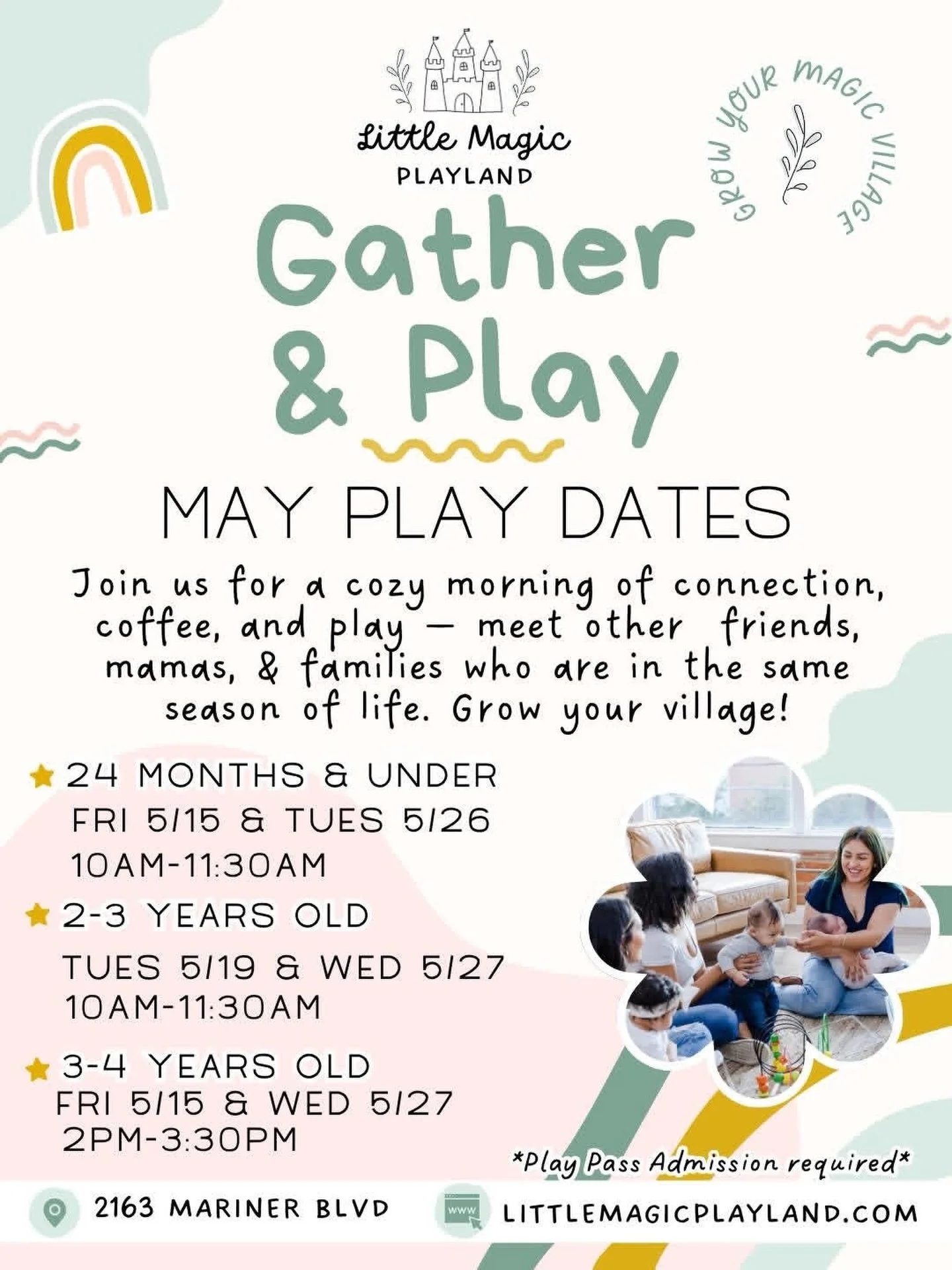 Upcoming Little Magic May Playdates! Join us for a cozy morning or afternoon of connection, coffee, and play &mdash; meet other  friends, mamas, &amp; families who are in the same season of life. Grow your village! 🌿🌈💫

*24 months &amp; under
Fri 