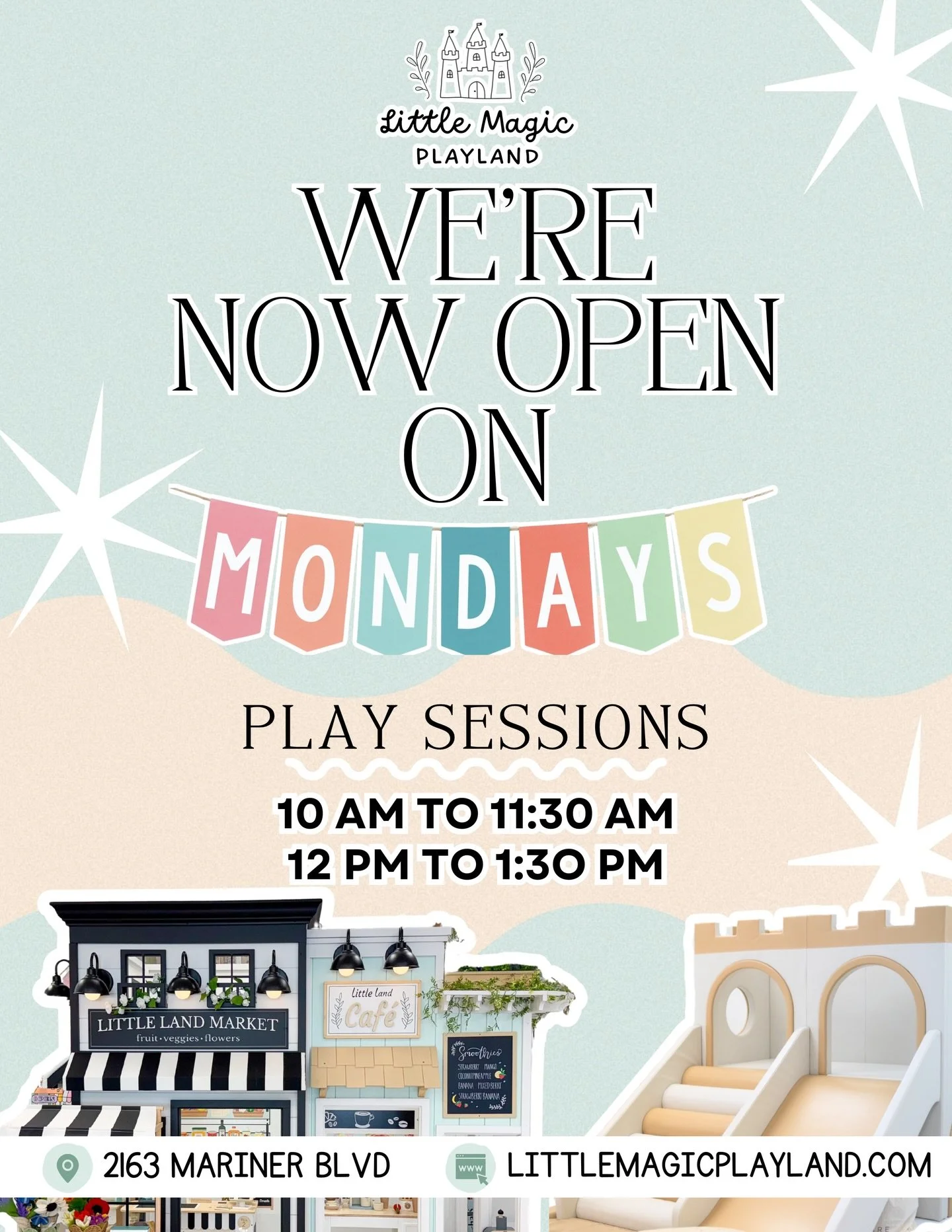 Mondays just got a little more magical! ✨🌈🏰🌿💫

We&rsquo;re officially NOW OPEN on Mondays! 🤩
Join us tomorrow for our first two play sessions:
⏰ 10:00&ndash;11:30 AM
⏰ 12:00&ndash;1:30 PM

Start your week with play, coffee, imagination, and magi