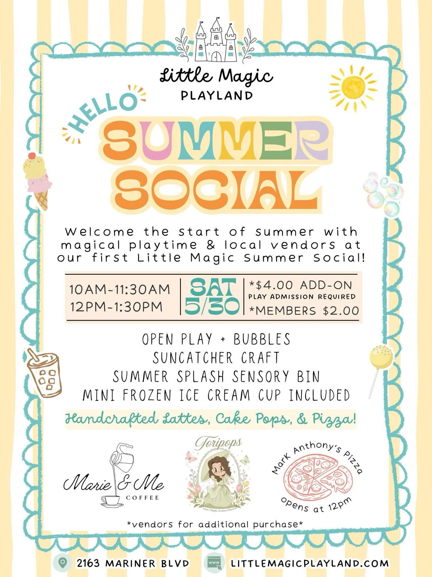 ☀️🌈 Welcome the start of summer with magic, play, and local handcrafted drinks &amp; treats at our very first Little Magic Summer Social! ✨🌿🏰🍋

Join us for a magical summer day filled with:
💛 Open Play + Bubbles
🌞 Suncatcher Craft
💦 Summer Spl