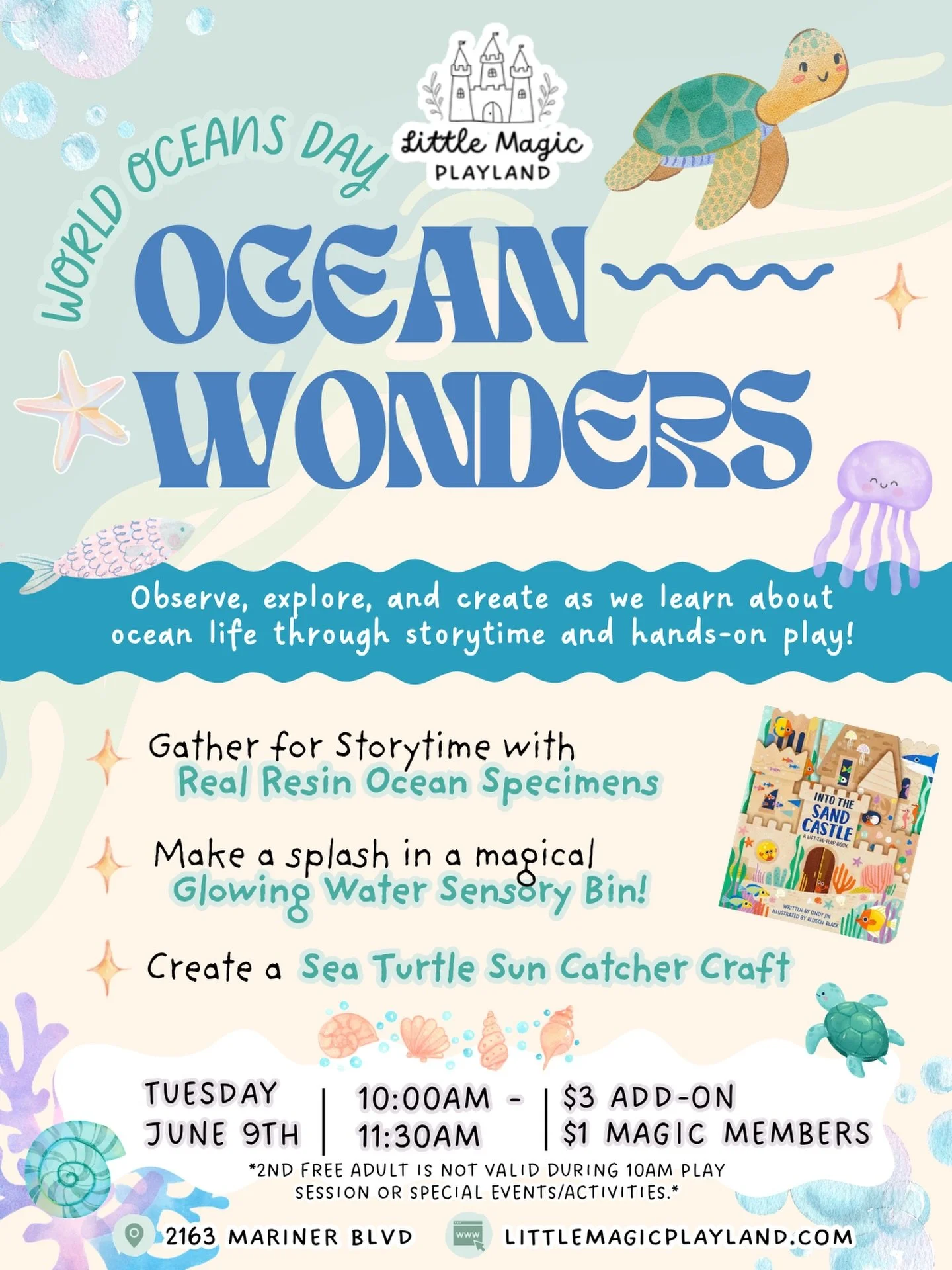 Observe, explore, and create as we learn about ocean life through storytime and hands-on play for World Oceans Day!

Tues 6/9
10am-11:30am

*Play session admission required
$3.00 Activity Add on
$1.00 for Magic Members 

*2nd free adult not valid for