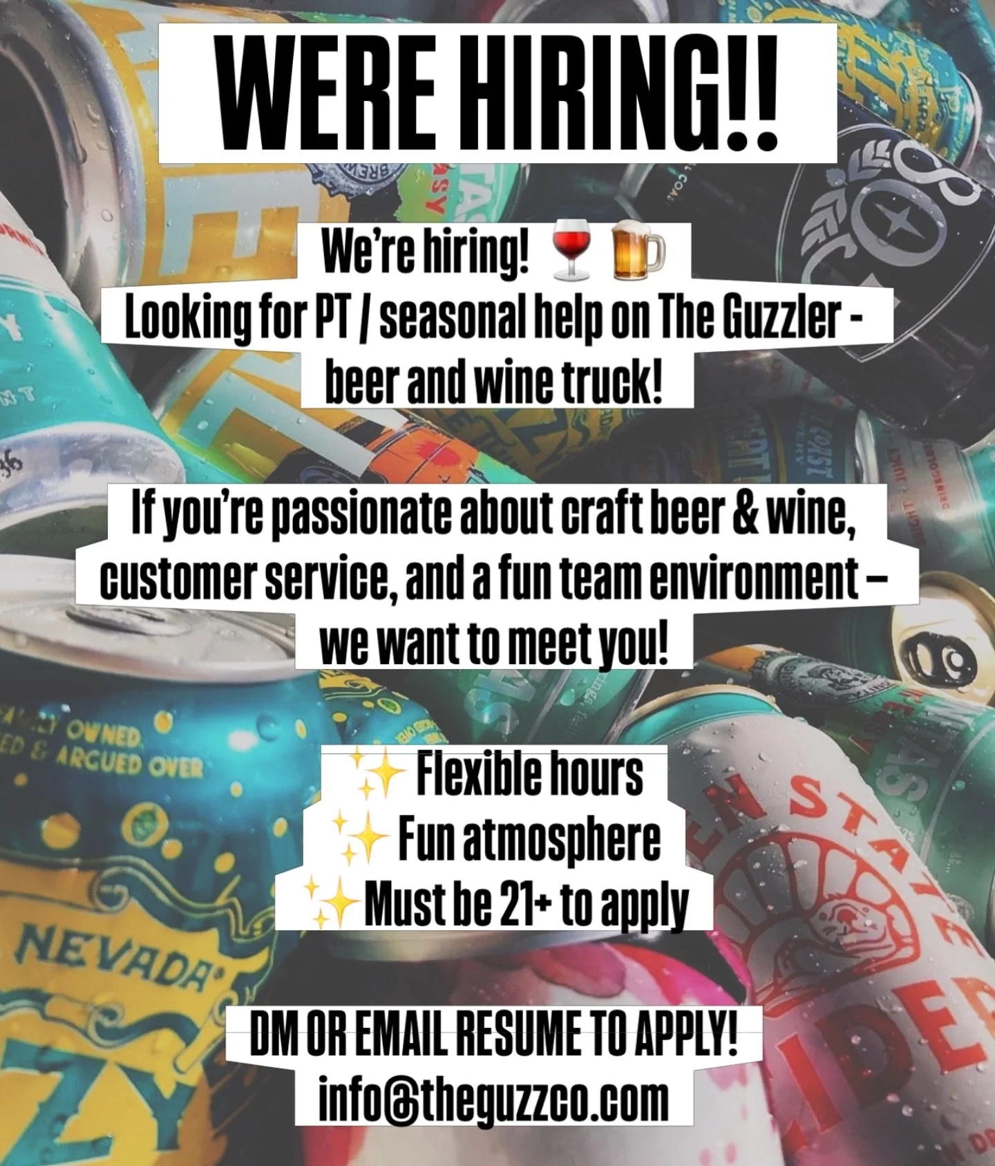 NOW HIRING 🍻🍷🚛

Part-time / Seasonal Team Members

Must be reliable, friendly, and 21+ - craft beer &amp; wine knowledge/ experience a plus!

Job located in Concord/Pleasant Hill/Walnut Creek area 

Send us a DM or email @ info@theguzzco.com

#bay