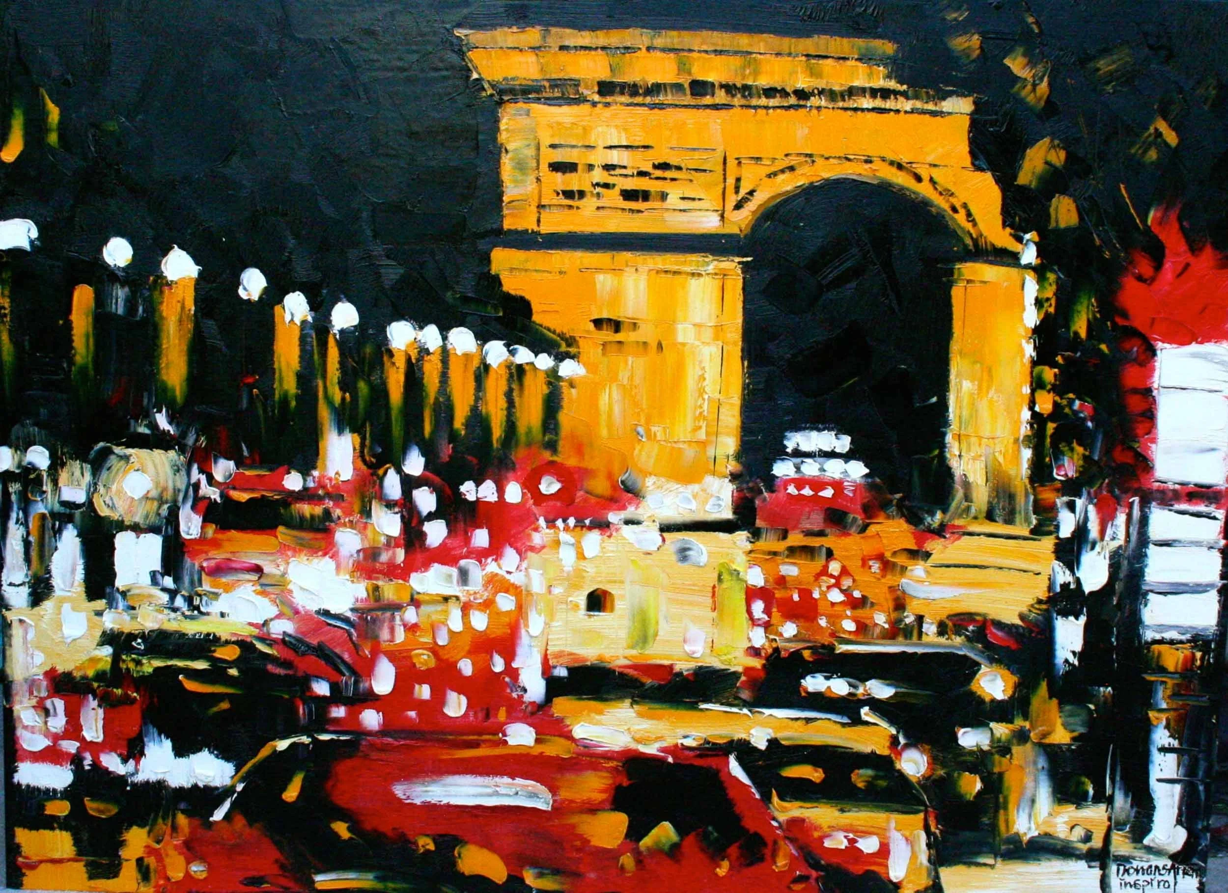 An abstract painting featuring a yellow arch resembling the Eiffel Tower, set against a dark background with red, black, white, and green accents.