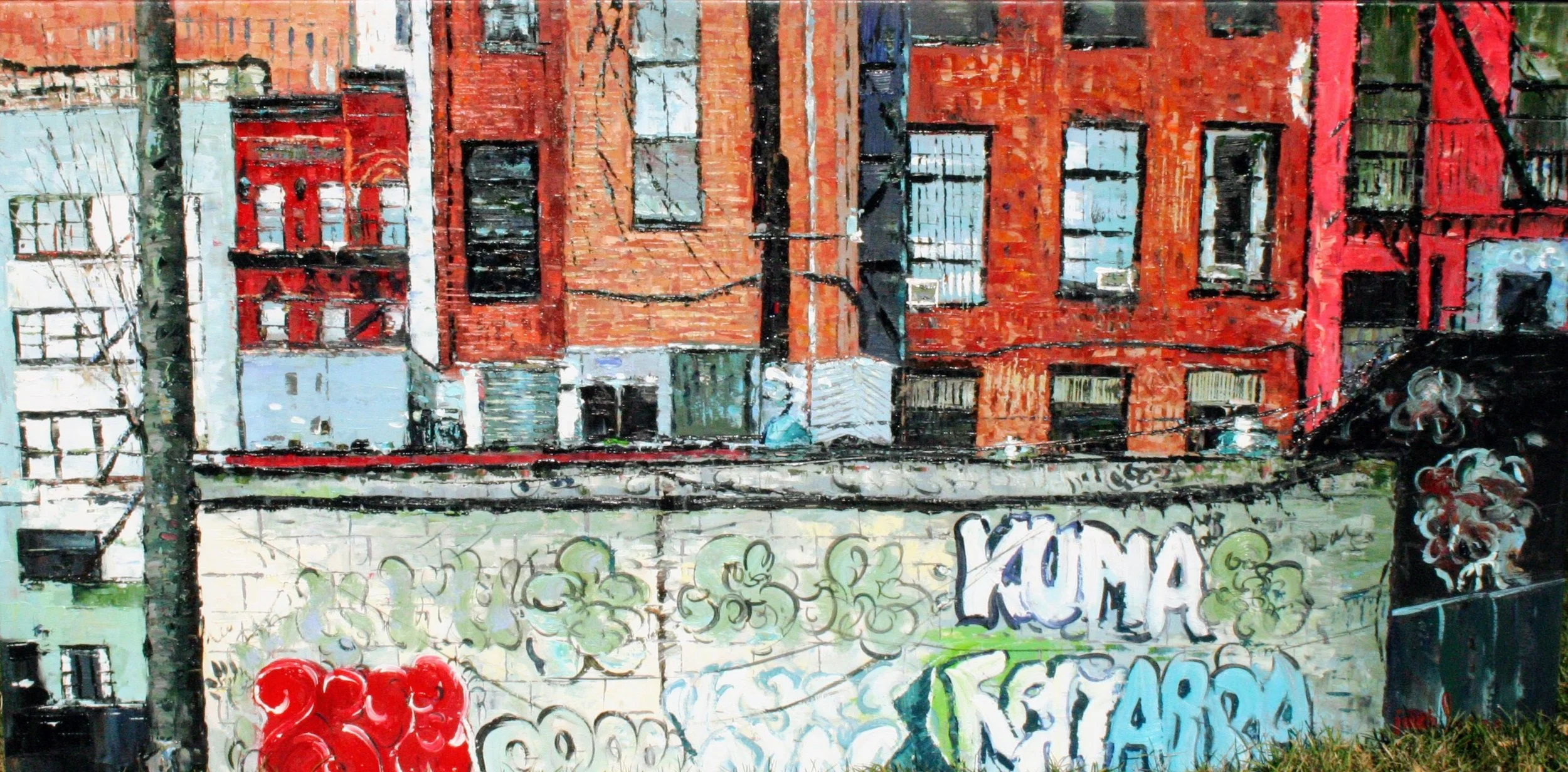 A colorful mural of city buildings with graffiti and the words 'Love' and other street art on a wall, with tree branches and greenery at the bottom.