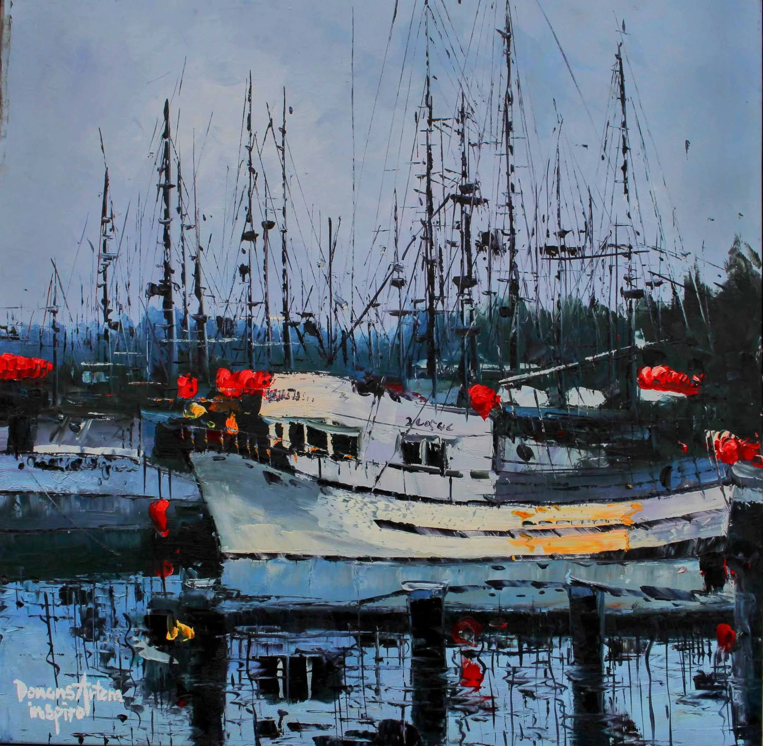 A painting of a sailboat reflected in the water with a cloudy sky in the background. The bottom left corner has the artist's signature and logo.
