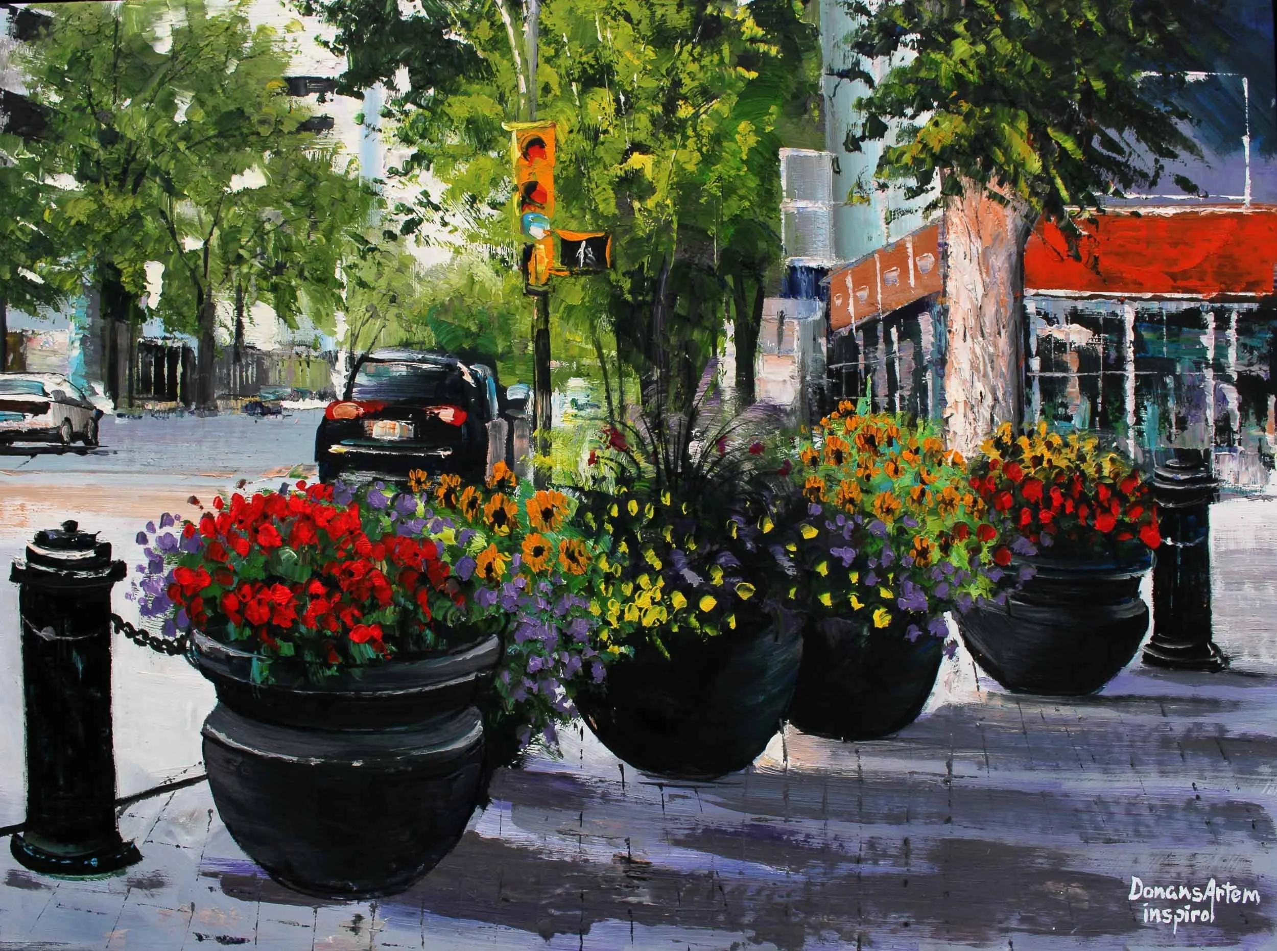 Painting of four black flower pots filled with colorful flowers on a city sidewalk, with trees and buildings in the background.