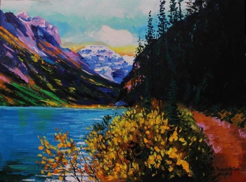 Painted landscape of a lake surrounded by mountains and trees, with a dirt path on the right, and colorful foliage in the foreground.