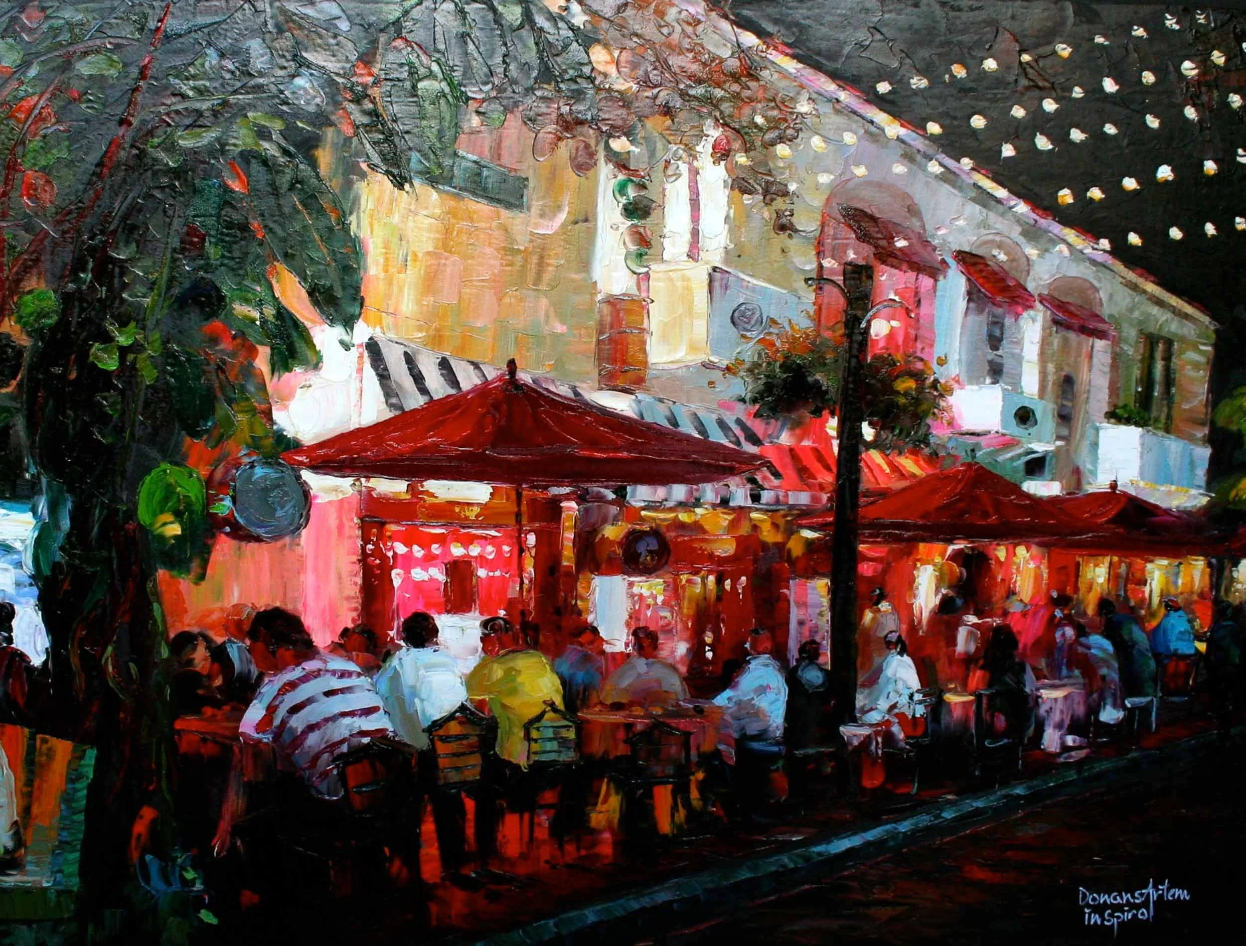 Painted scene of a city street at night with colorful buildings, umbrellas, and trees, depicted in an impressionist style.