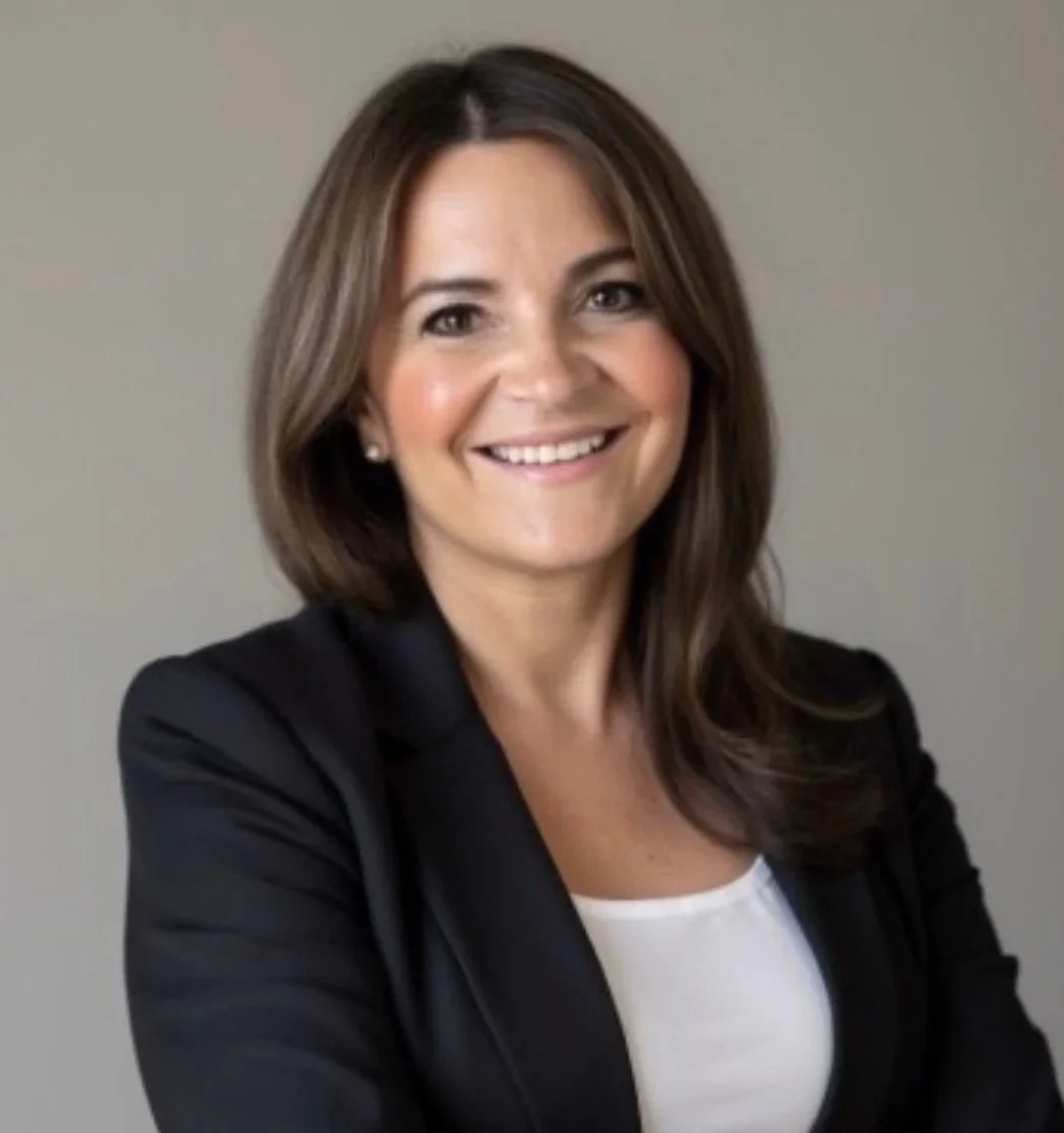 A professional woman with shoulder-length brown hair, smiling, wearing a black blazer over a white top, standing against a plain gray background.
