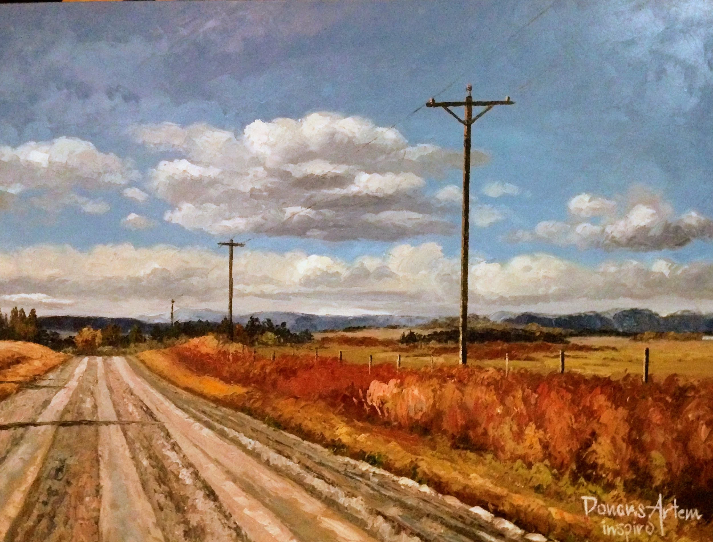 Painting of a dirt road extending into the distance with power lines and a landscape of trees and fields under a cloudy sky.