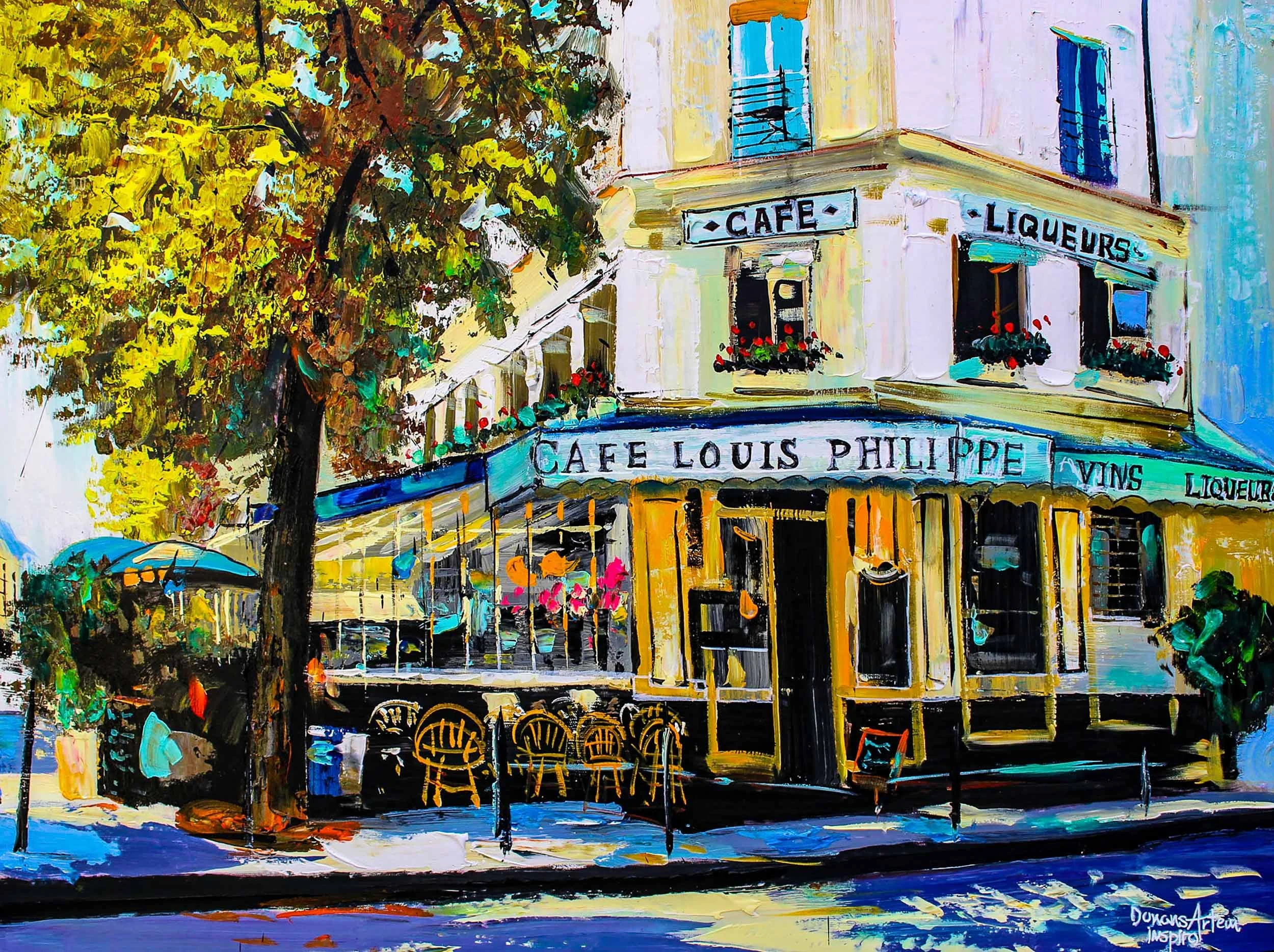 A colorful impressionist painting of a Parisian street scene featuring a building with signs for a cafe and liqueurs, trees with yellow and green leaves, and outdoor chairs.