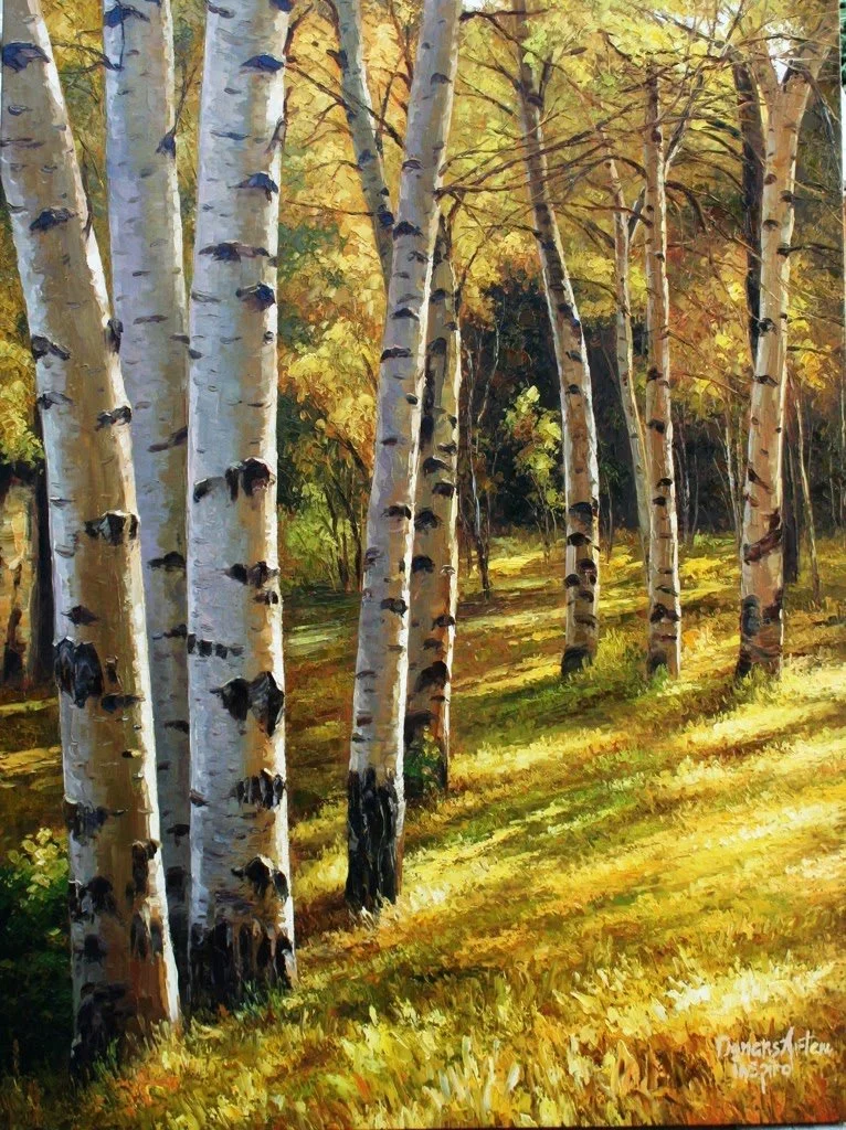 An oil painting of a forest scene with tall birch trees with white bark and black markings, sunlight filtering through yellow, orange, and green autumn leaves, and a grassy forest floor.