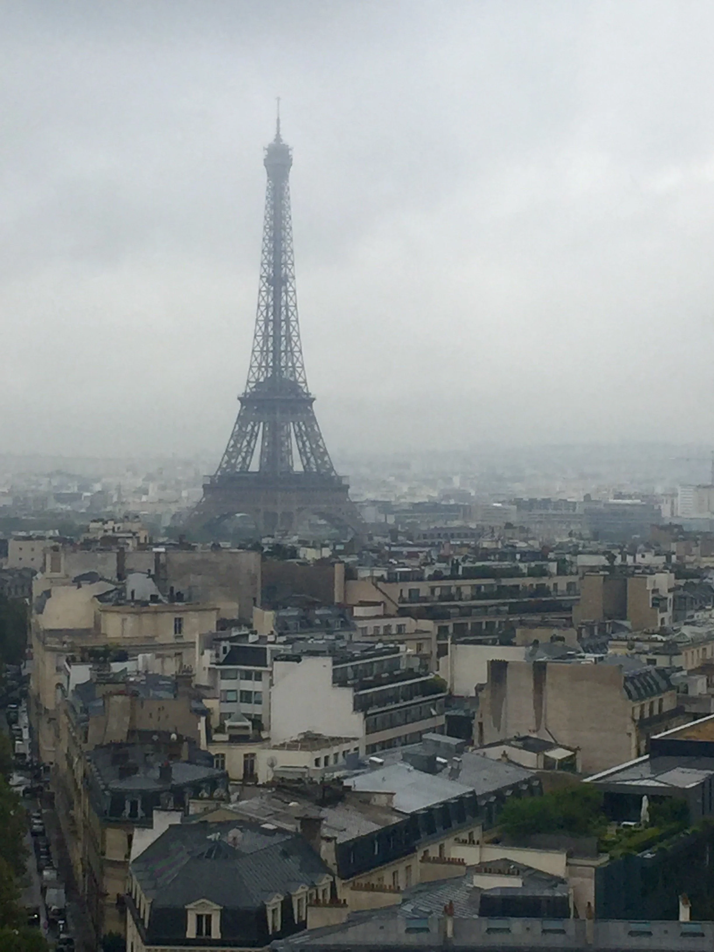 A view of the Eiffel Tower in Paris, France, on a foggy day with overcast skies, overlooking the surrounding buildings.