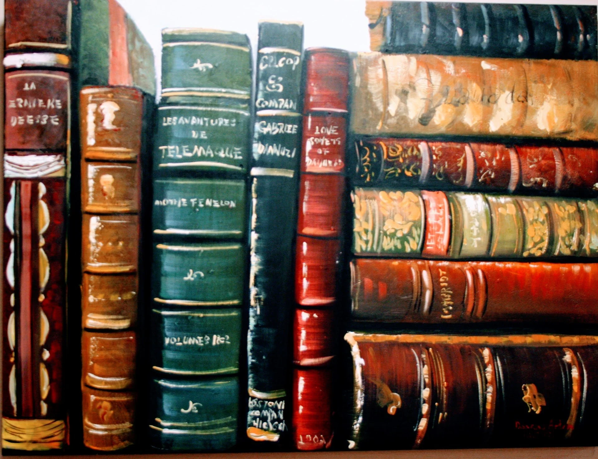Photograph of a wooden bookshelf filled with old, worn hardcover books with colorful spines, some with handwritten titles.
