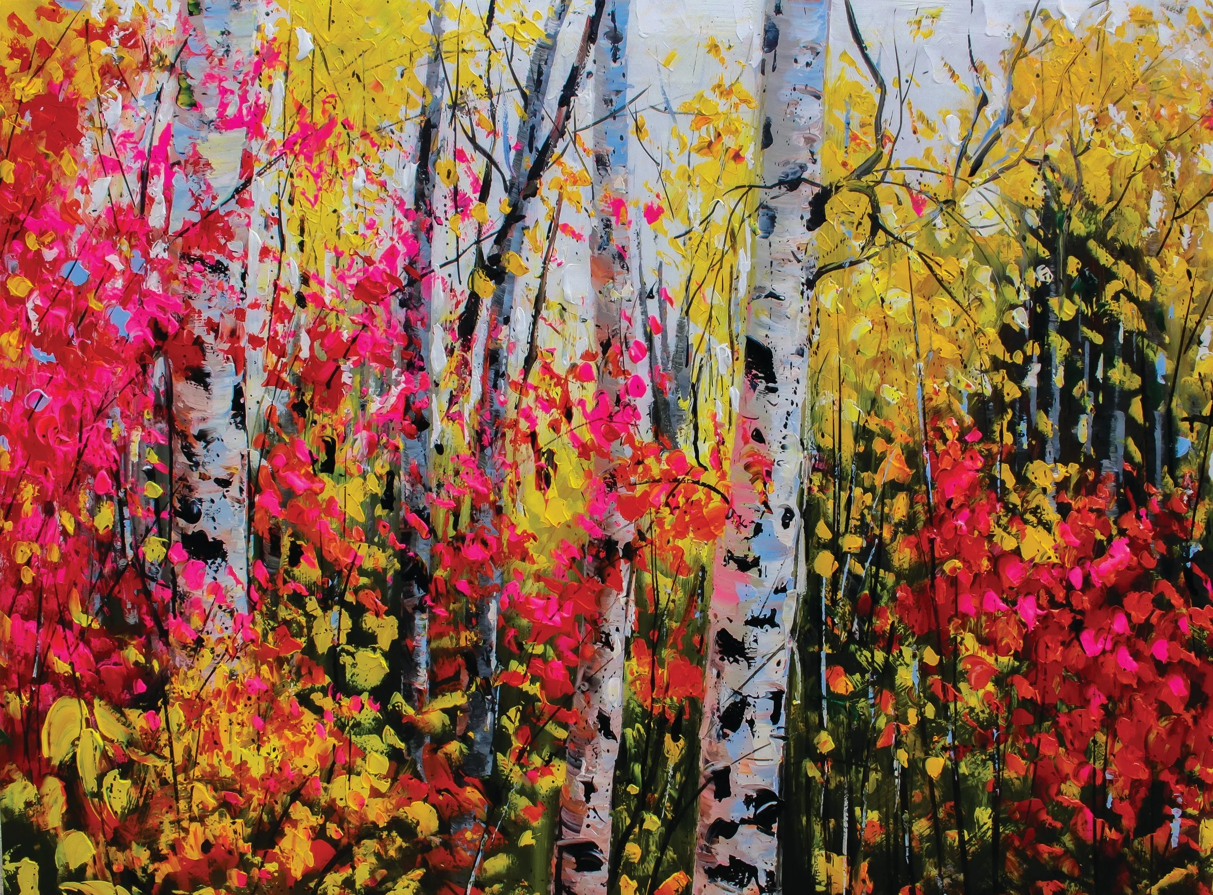 An abstract painting of a forest scene with tall trees having white and black bark and colorful foliage in shades of pink, yellow, red, and green, created with thick, textured brushstrokes.
