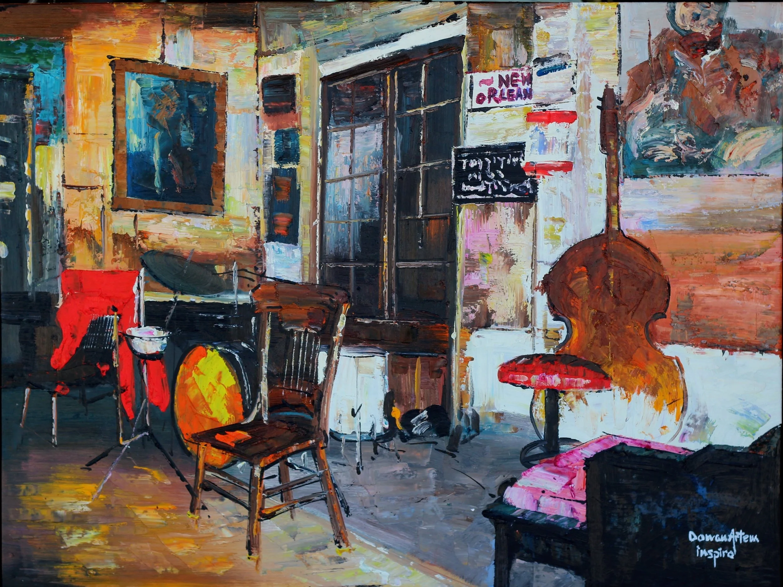 An impressionistic painting of an indoor scene featuring multiple chairs, a table with a pink tablecloth, and a large abstract artwork on the wall. Signs reading 'New Orleans' and 'Happy Hour' are visible in the background. The artist's signature and