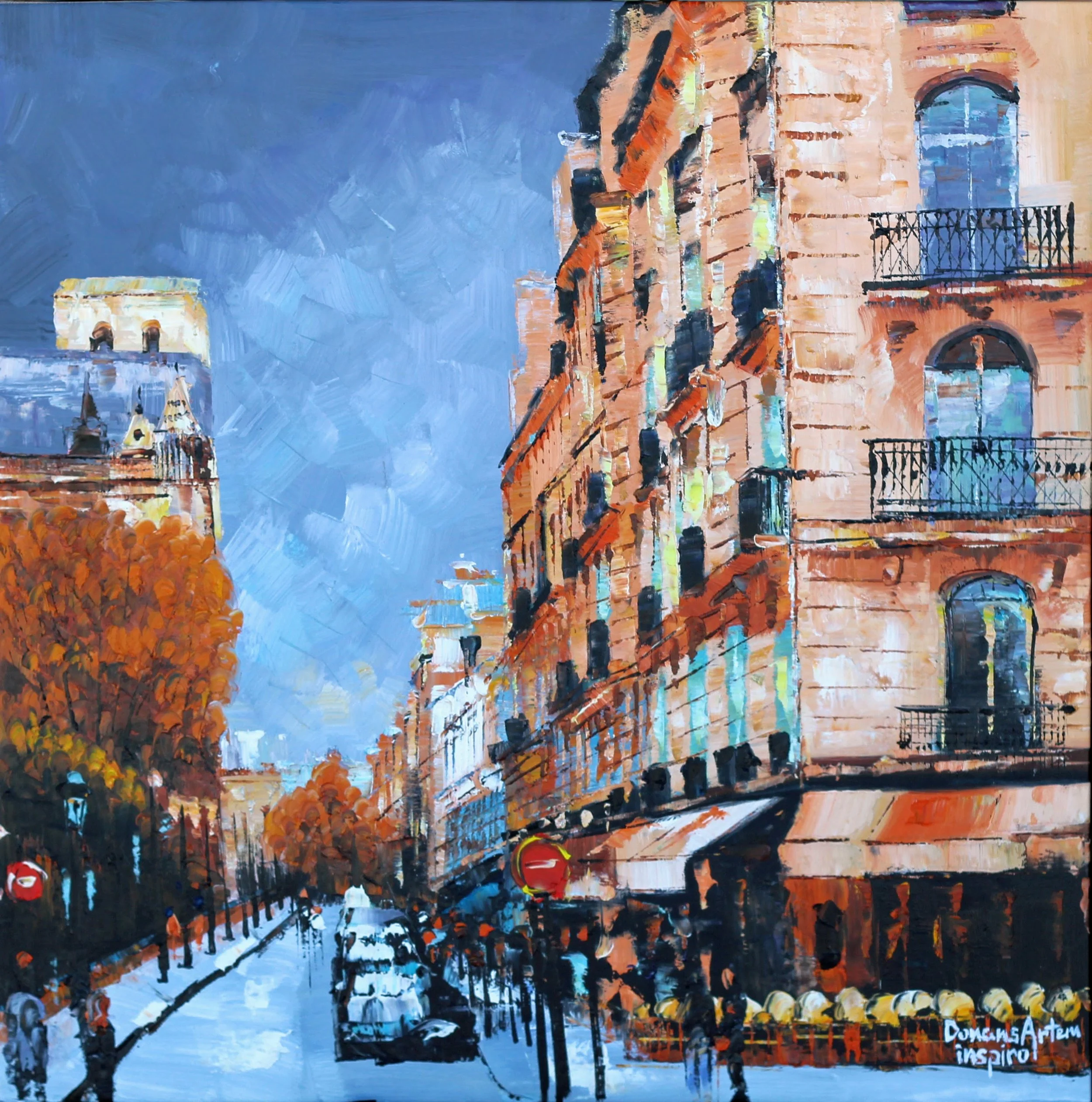 A colorful painting of a cityscape with tall buildings, trees, and a street, created with bold brushstrokes and vibrant colors. There is text at the bottom right that reads 'Downs Avenue Inspire'.