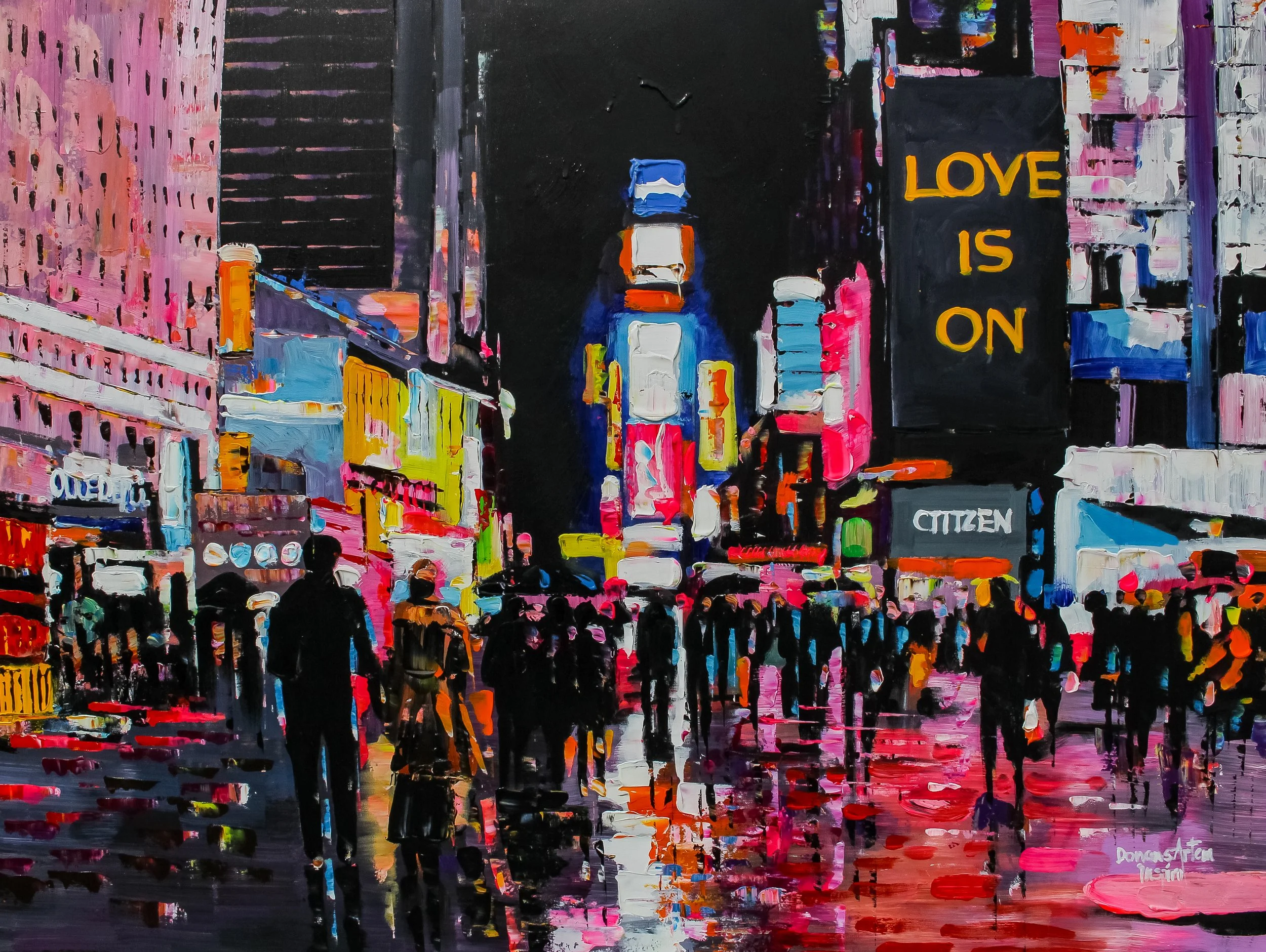 An abstract cityscape painting with colorful, impressionistic buildings and dark streets. The words "LOVE IS ON" are written in yellow on a black building on the right. The scene depicts a lively urban environment at night with what appears to be sil