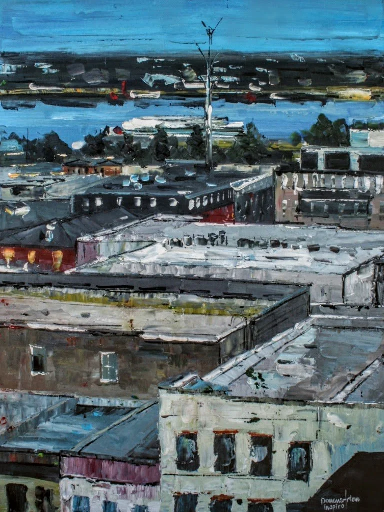 An acrylic painting of a cityscape with rooftops, buildings, and a tree in the foreground, with a blue sky and distant landscape in the background.