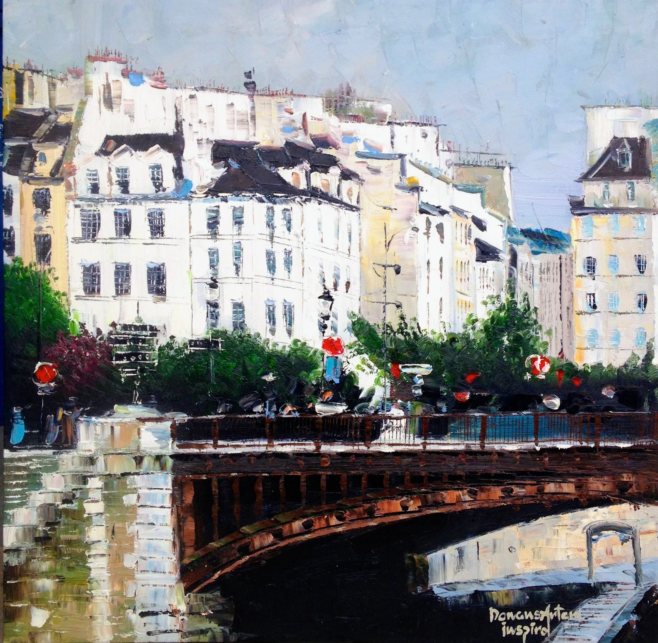 An impressionistic painting of a cityscape with multiple multi-story buildings, a bridge, and a street with trees and cars, using broad and textured brushstrokes.
