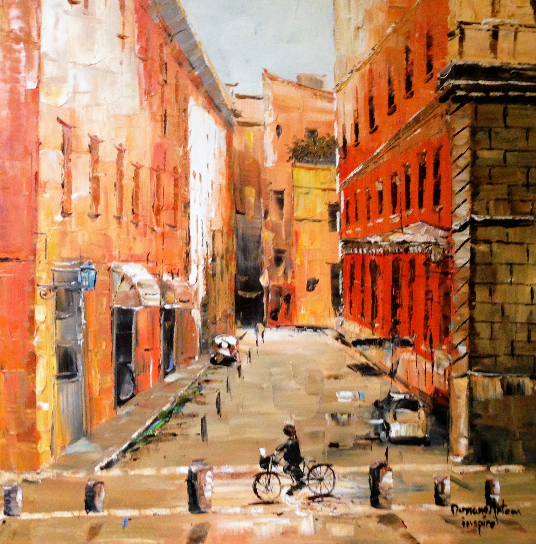 Painting of an indoor scene with orange-red walls, a staircase, and black-and-white dogs, with the words "Pencia" and "inspire" written in the bottom right corner.