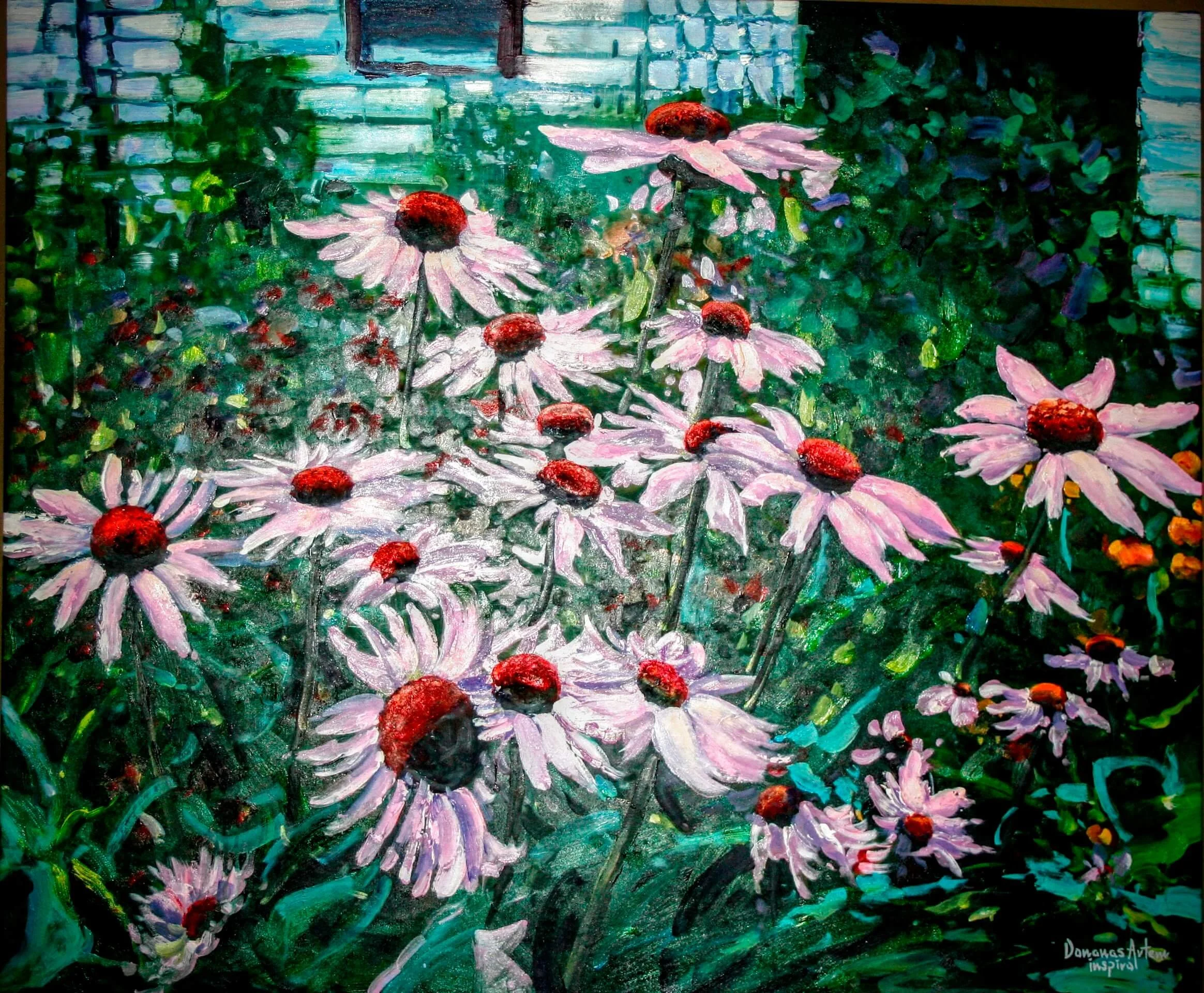 Painted garden scene with pink coneflowers with red centers, green foliage, and a blue-green background, in an impressionistic style.