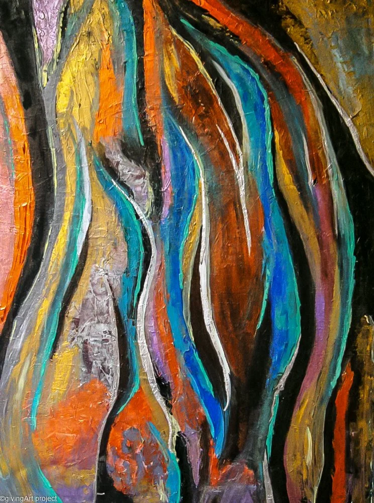 Abstract painting with wavy, vertical lines in vibrant colors like orange, blue, yellow, purple, black, and white.