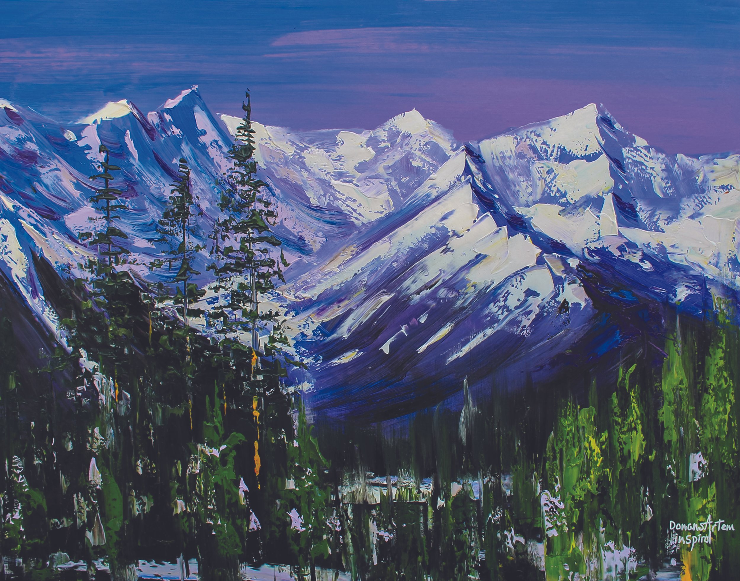 An abstract painting of snow-covered mountain peaks under a purple sky, with green trees in the foreground.
