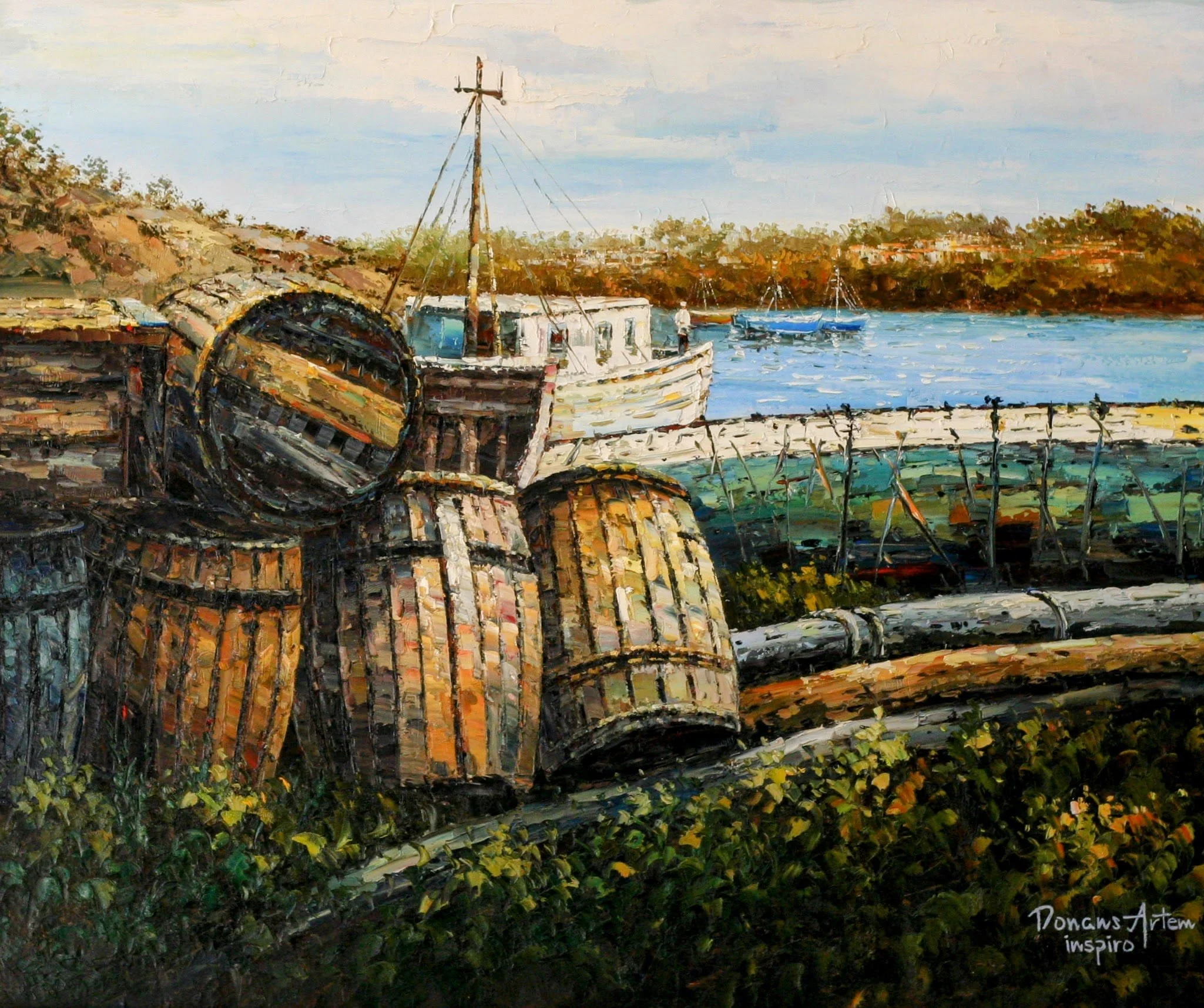 A painting of boats docked near a river with trees and buildings in the background, featuring an impressionist style with vivid brushstrokes.
