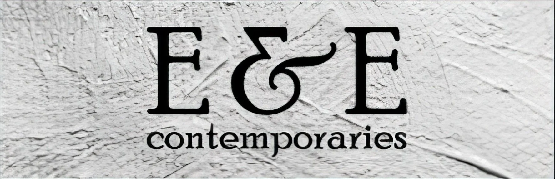 Black text on white textured wall reading "E & E contemporaries" in a stylized font.
