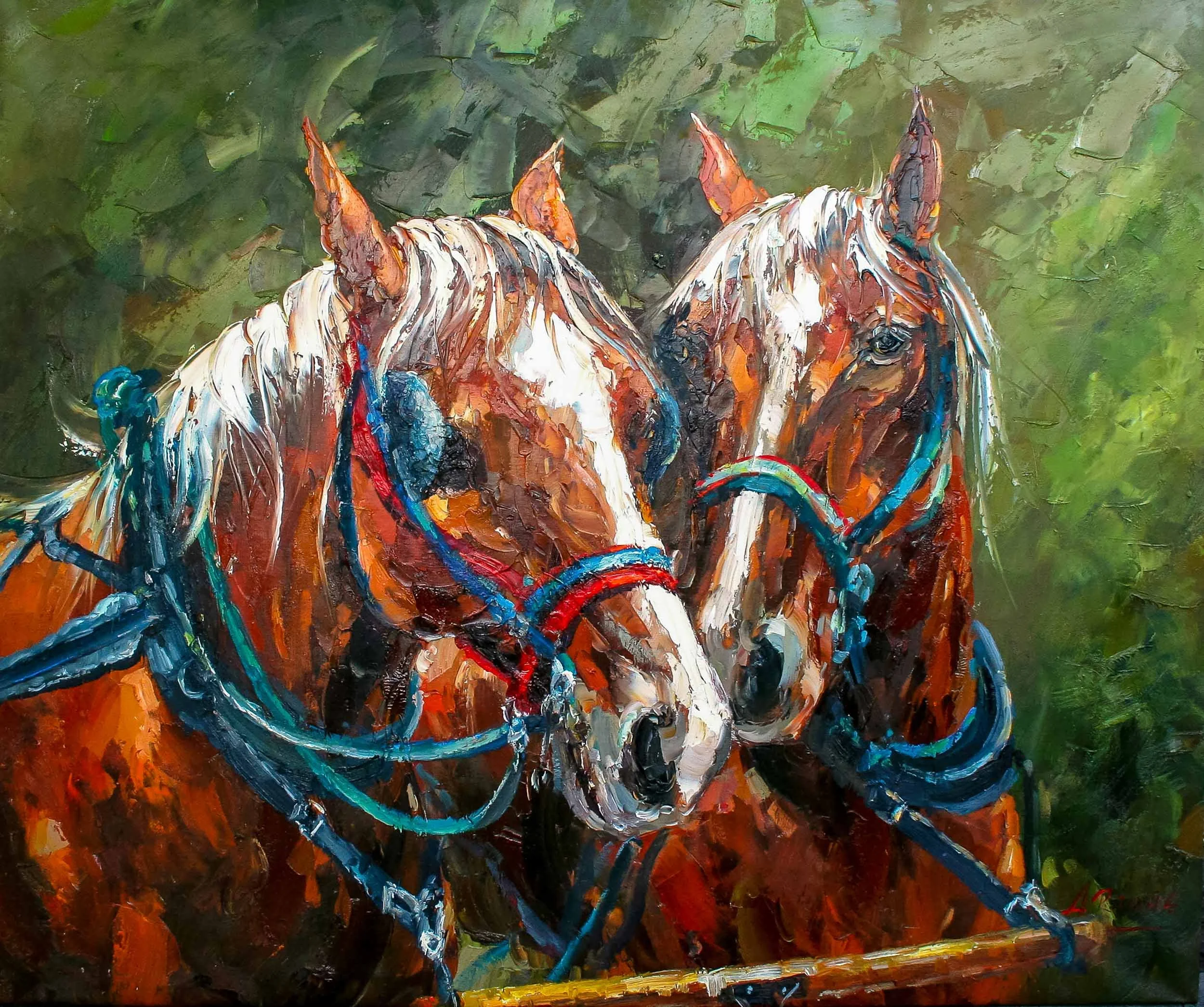 Painting of two horses with bridles in a colorful, impressionistic style, using bold brushstrokes and vibrant colors.
