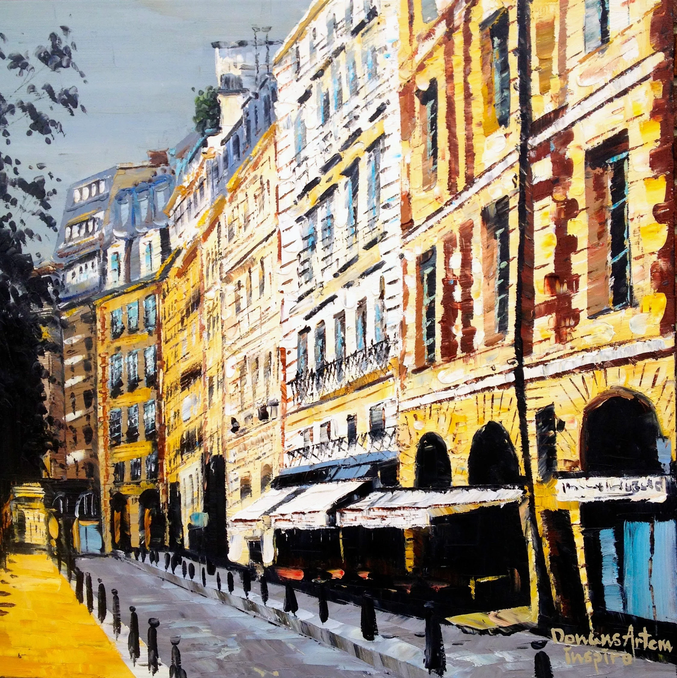 Impressionist style painting of a city street scene with buildings, a yellow sidewalk, a street lamp, and a black iron fence. The sky is light blue and there are trees in the background.