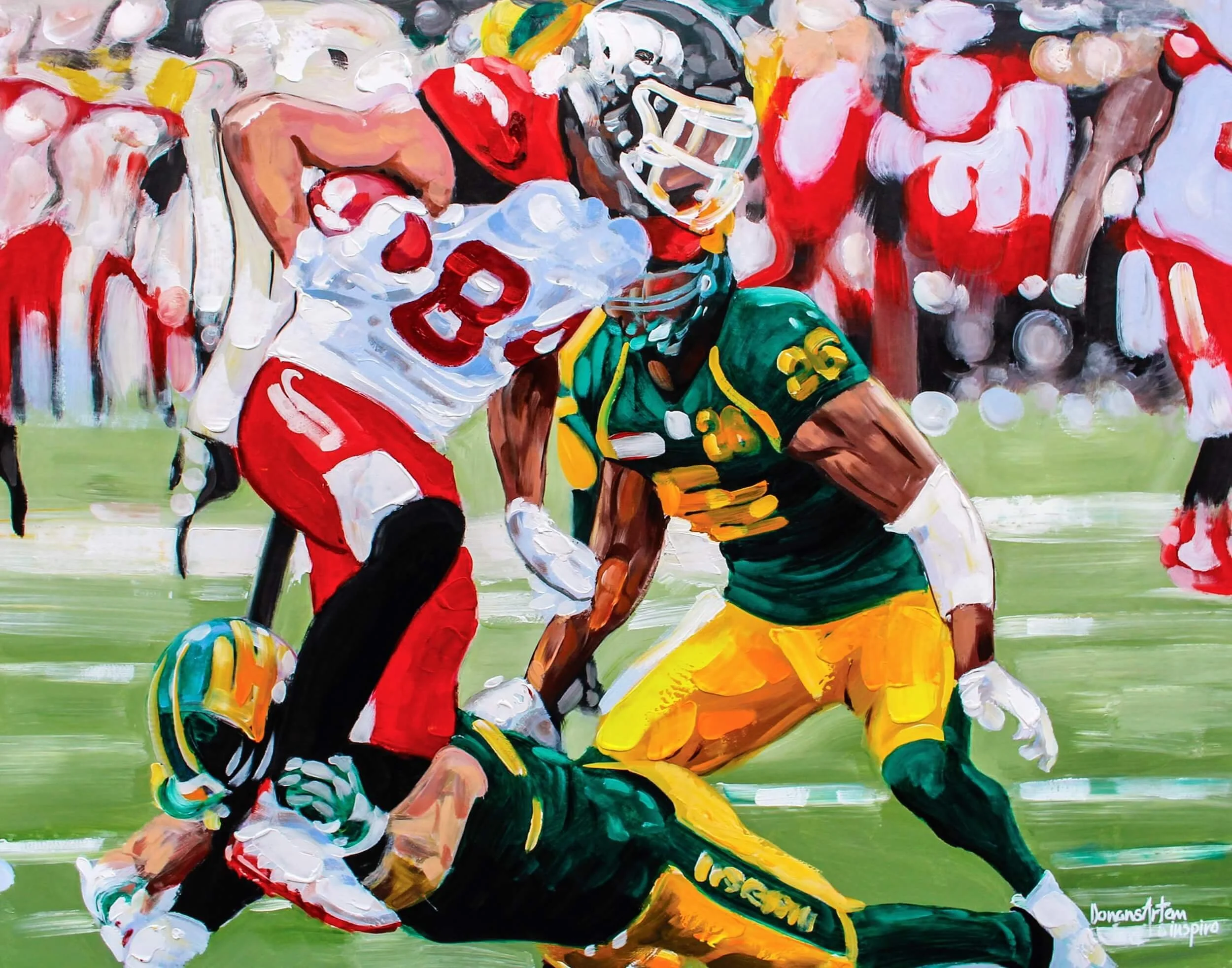 An abstract painting of American football players during a game, with one player in a red uniform holding a football and another player in a green uniform attempting to tackle. The background shows a blurred crowd.