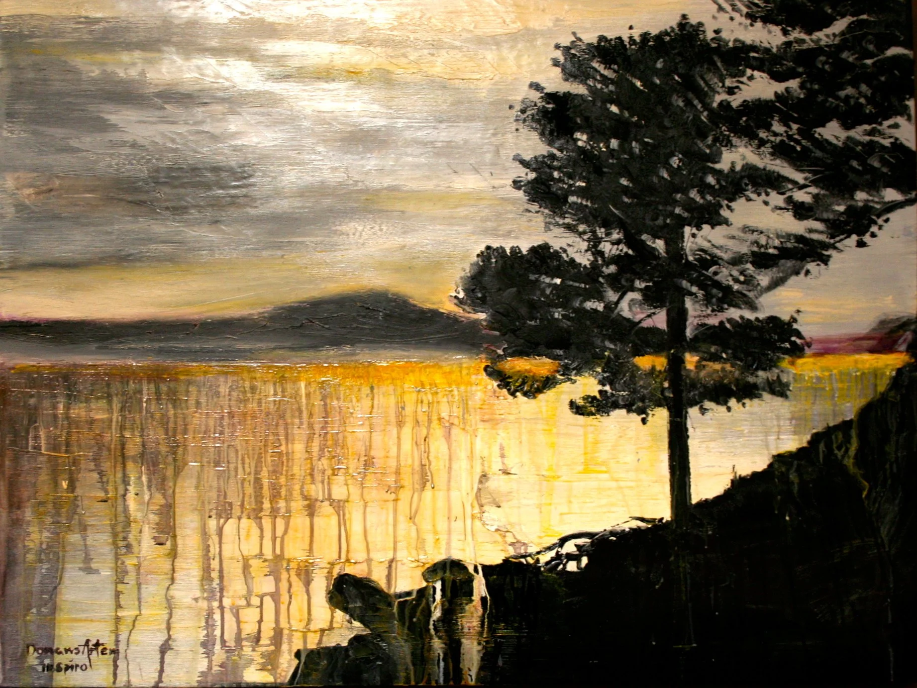A painting of a sunset over a body of water with a silhouetted tree in the foreground.