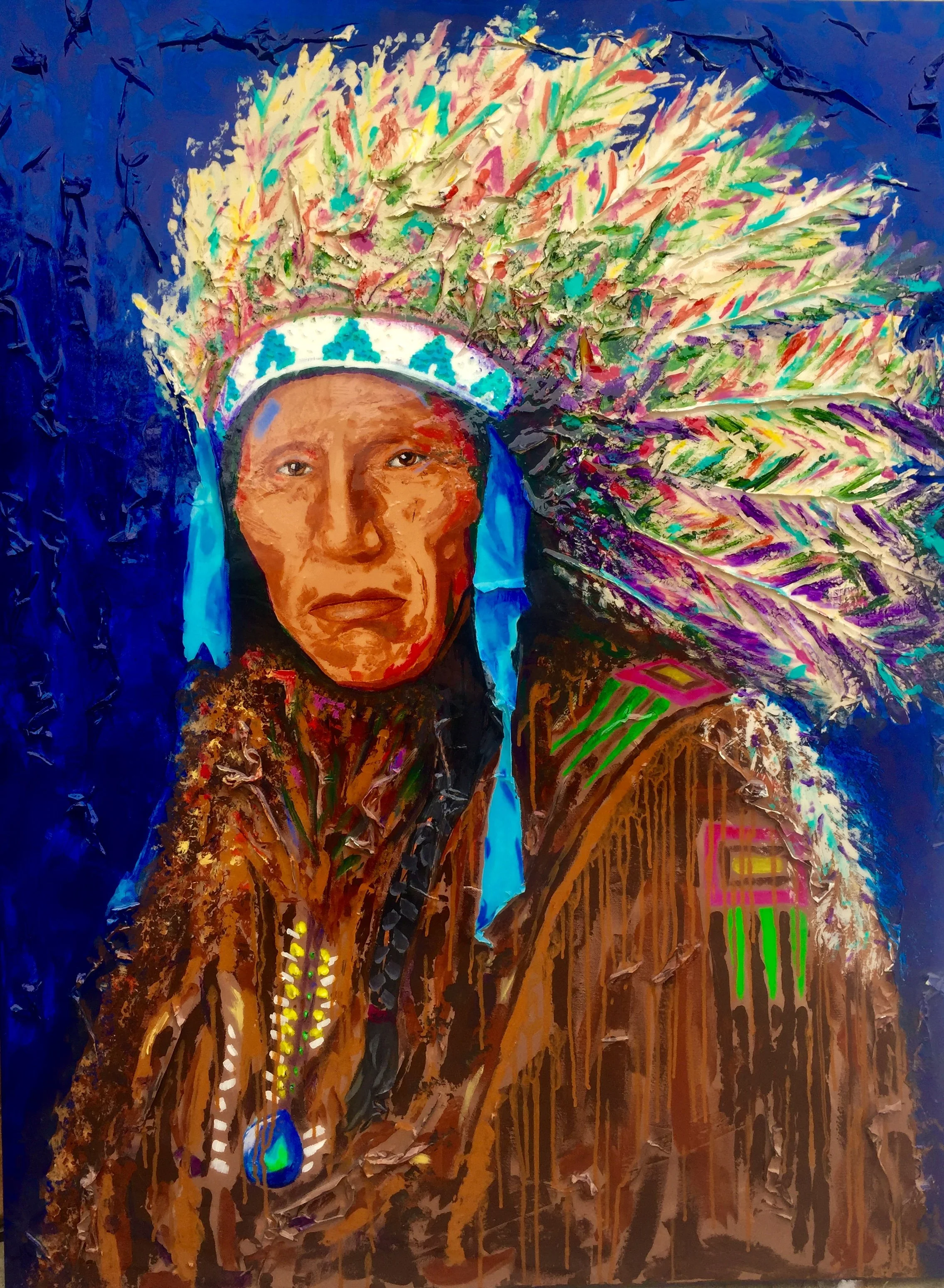 A colorful painting of a woman in traditional Native American attire with a large feathered headdress and jewelry, set against a dark background.