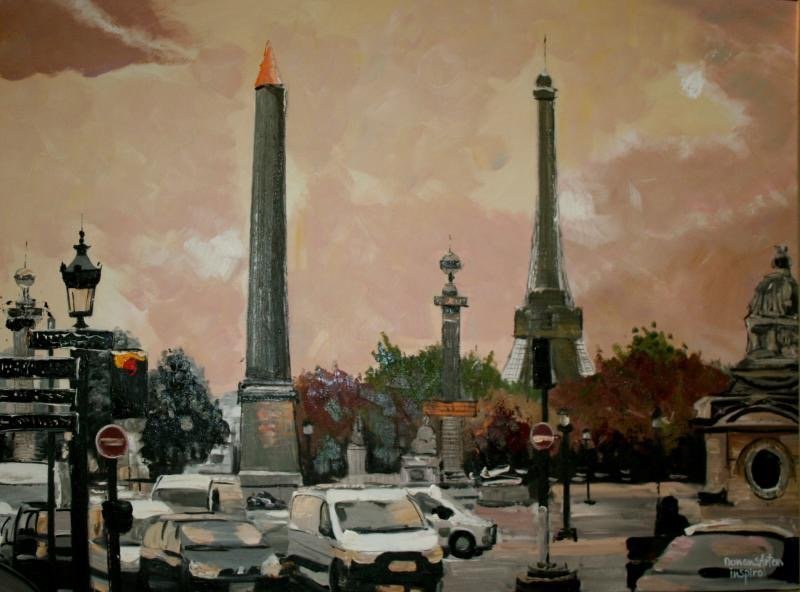 Painting of a city square with cars, street lamps, trees, and historic monuments including the Arc de Triomphe and other obelisks at sunset.