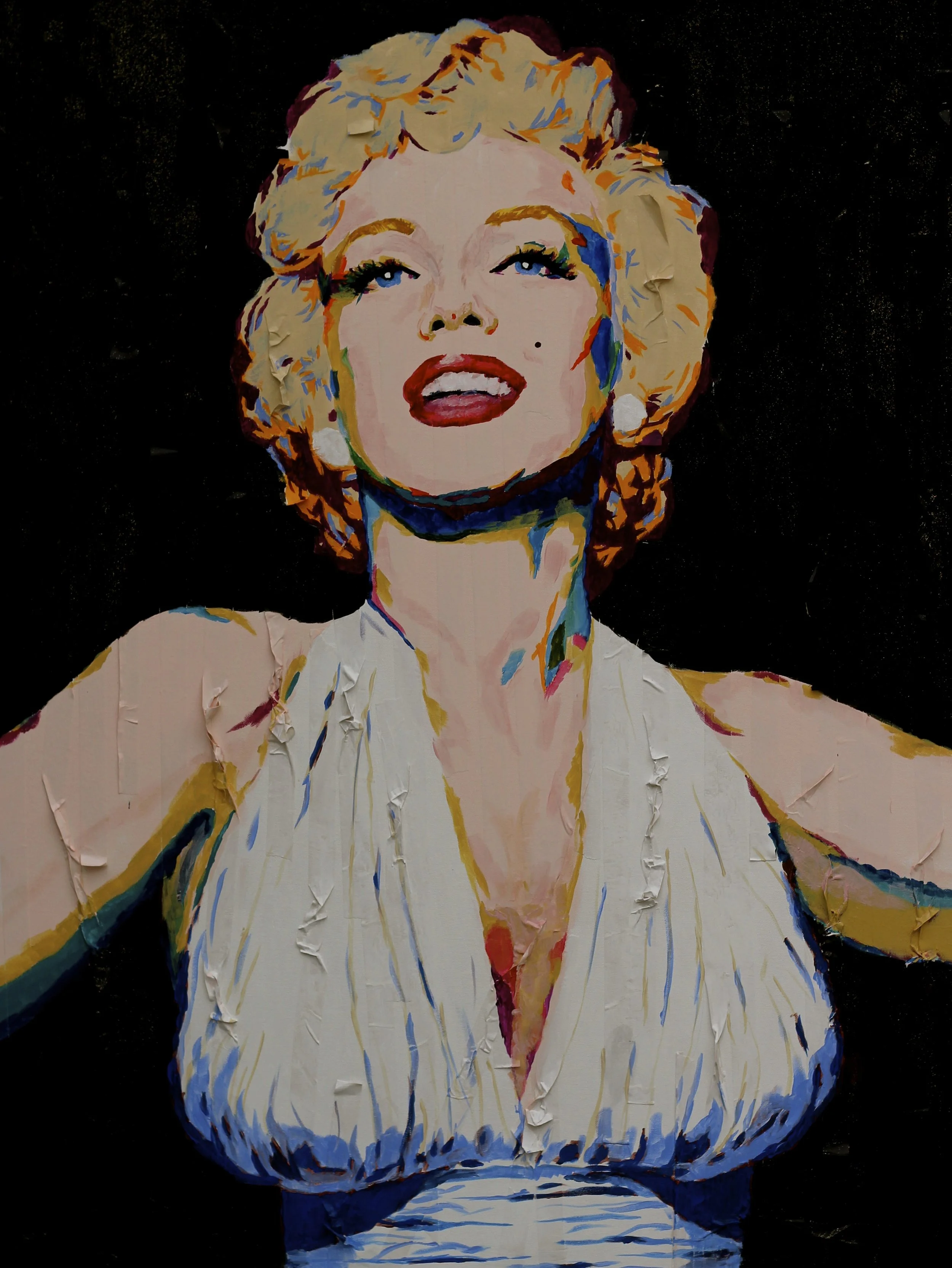 Pop art style portrait of a Marilyn Monroe with blonde hair, red lips, and a beauty mark, wearing earrings, set against a black background.