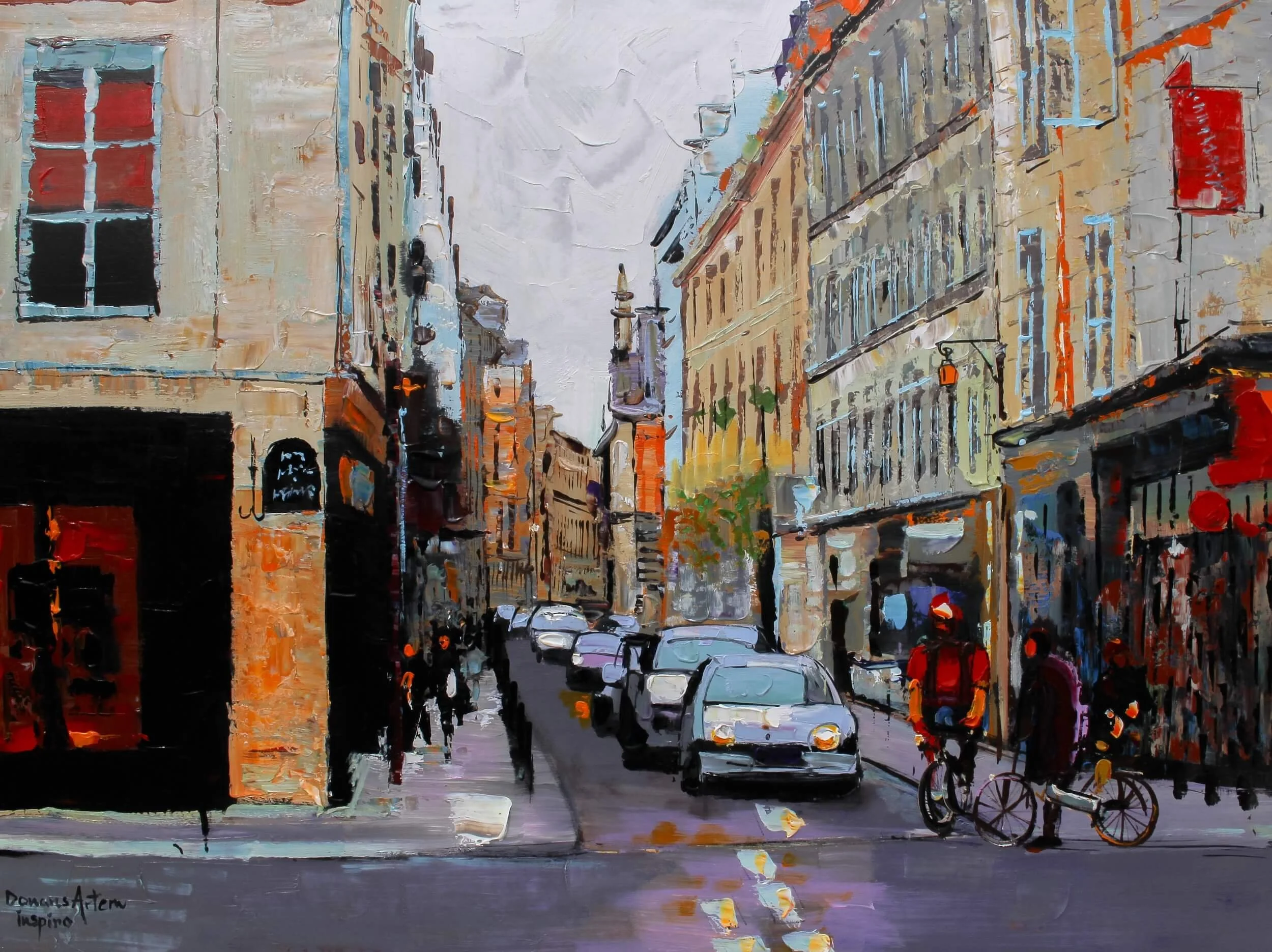 A painting of a city street scene with buildings, cars, and a bicycle, painted in an impressionistic style with broad brushstrokes. The scene features a row of multi-story buildings with windows, streetlights, and trees, with the sky above. The overa