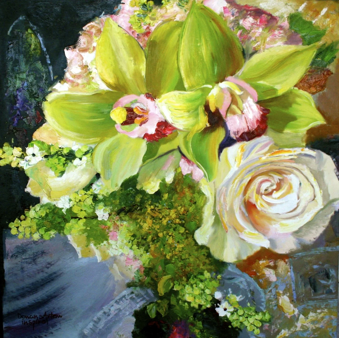 A vibrant oil painting of a floral arrangement featuring large greenish-yellow and white flowers, some roses, and smaller green and white blossoms, with a dark background.