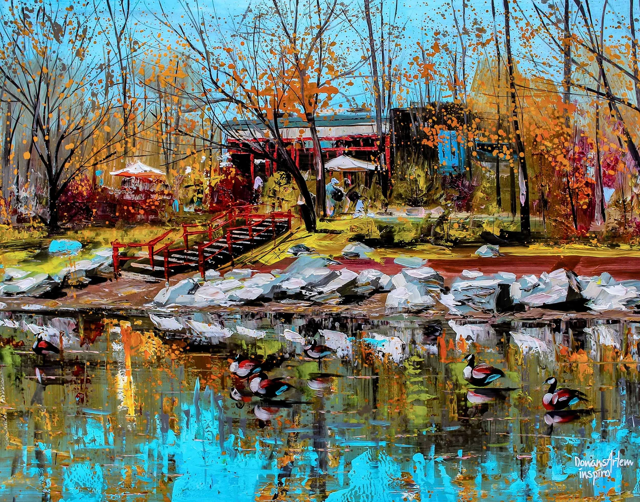 An abstract painting of a park scene in fall with trees, a bridge, and people walking, reflecting in a body of water with vibrant, splattered paint styles.