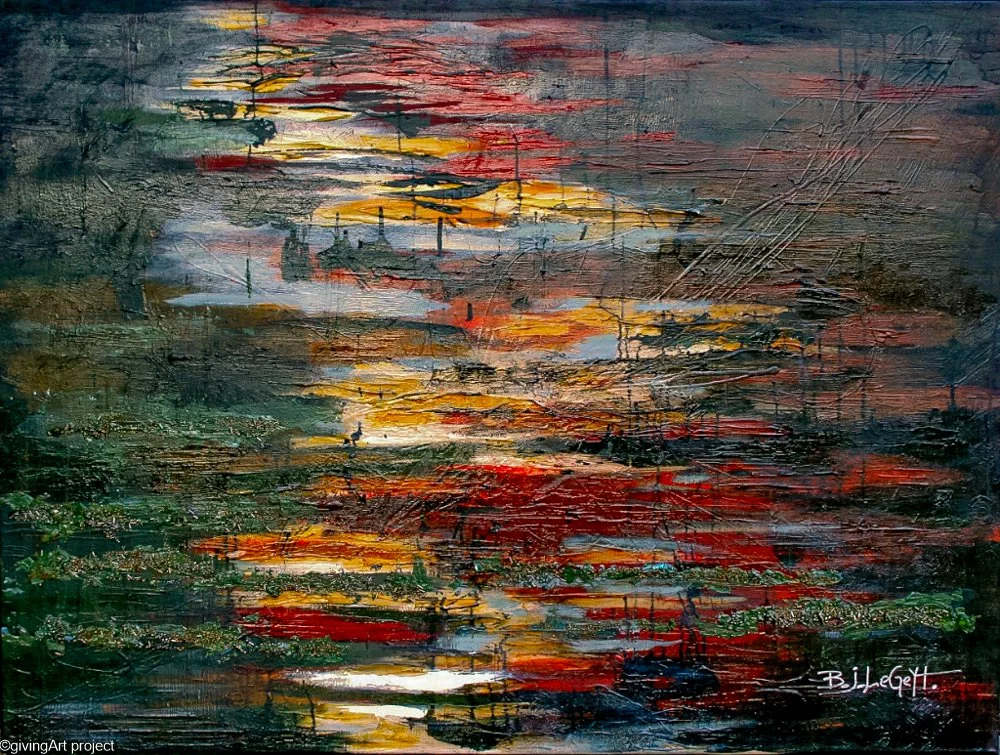 Abstract landscape painting with sunset colors, reflections on water, and textured brushstrokes.