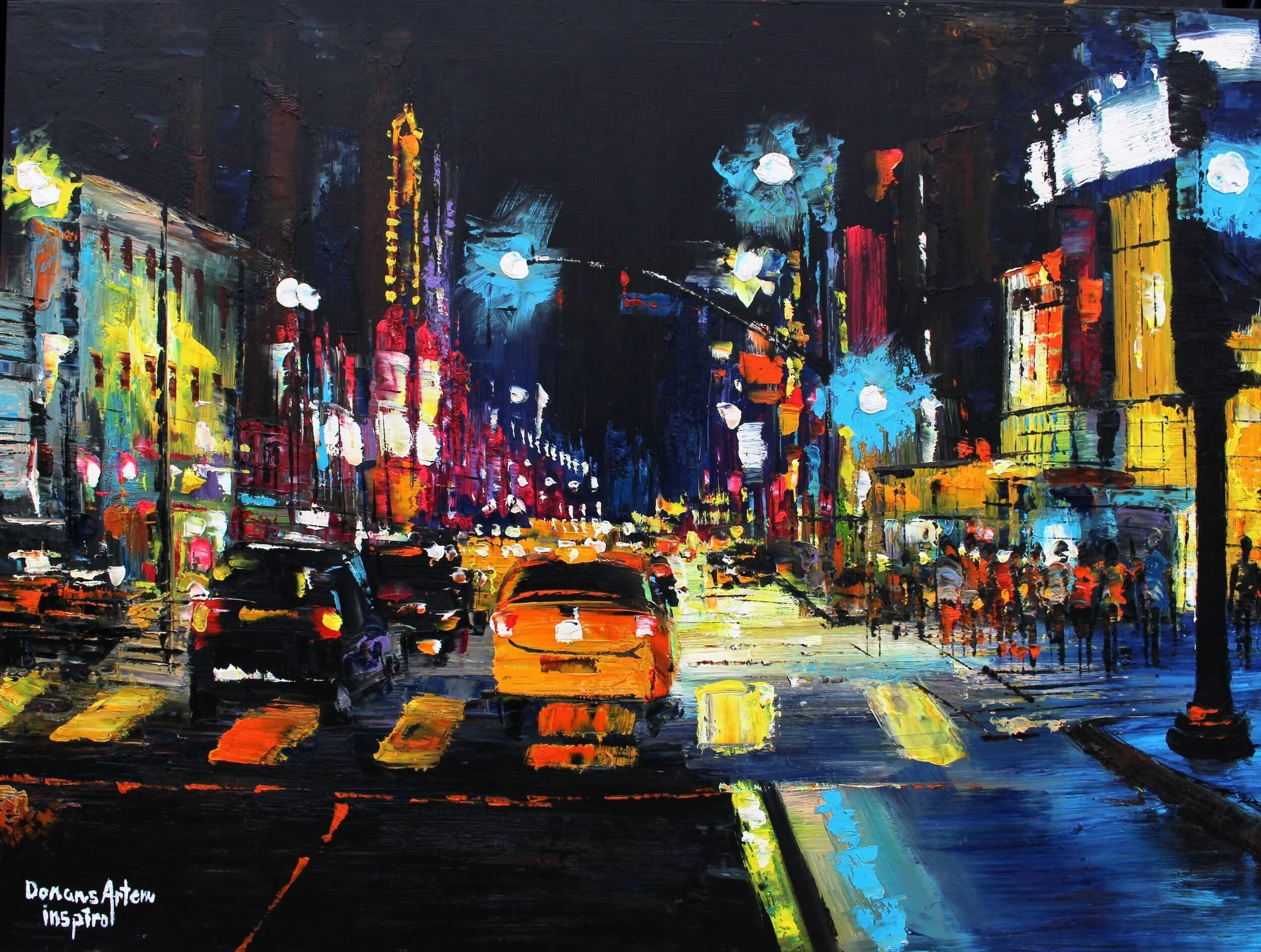 A vibrant abstract cityscape painting with bright neon lights and dark night background. The scene includes glowing billboards, streetlights, and reflections on a wet pavement, created with bold brush strokes in various colors.