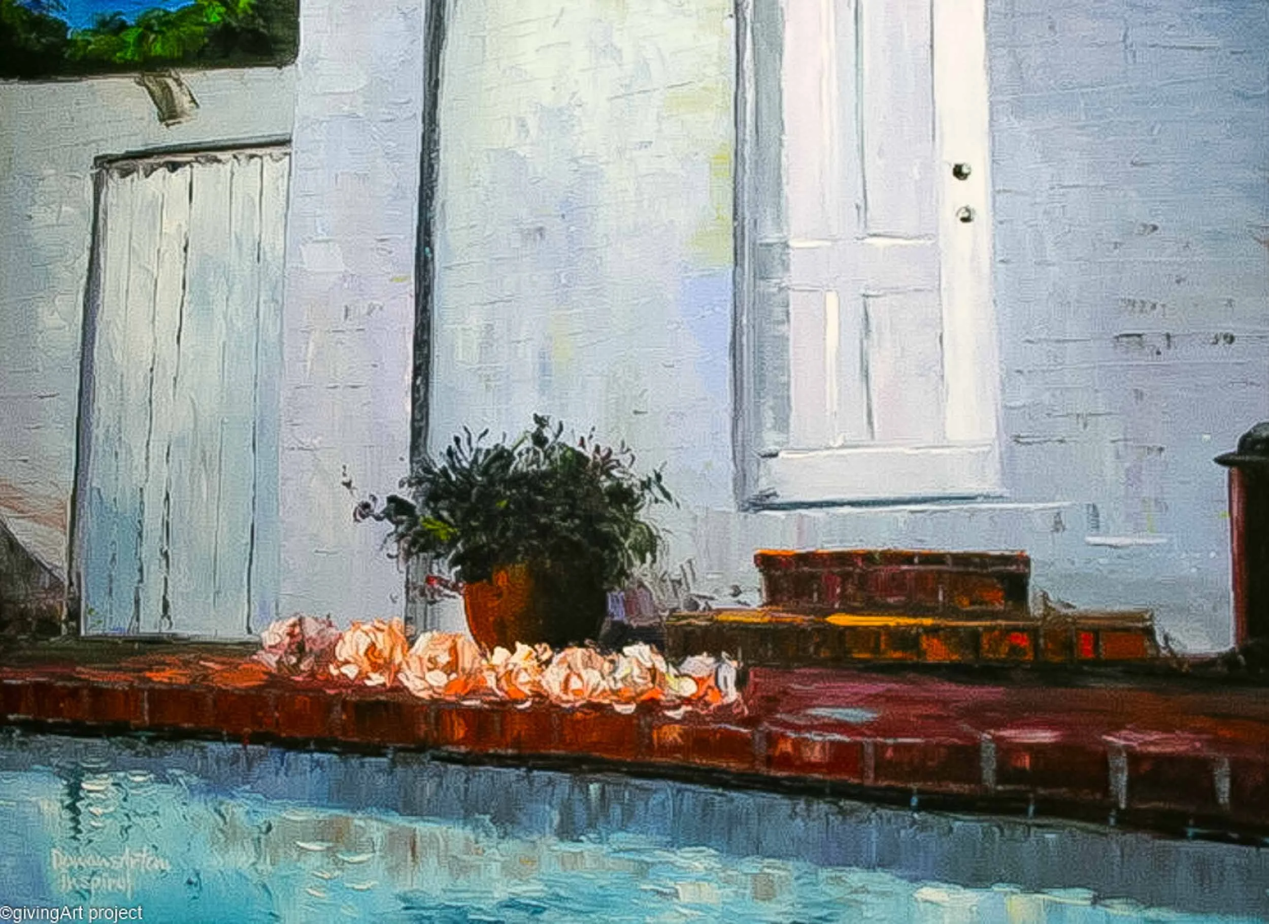 A door with a wreath above it, a potted plant, and a wooden table with a pile of papers or cloths on it. The scene appears to be a cozy porch or entryway.