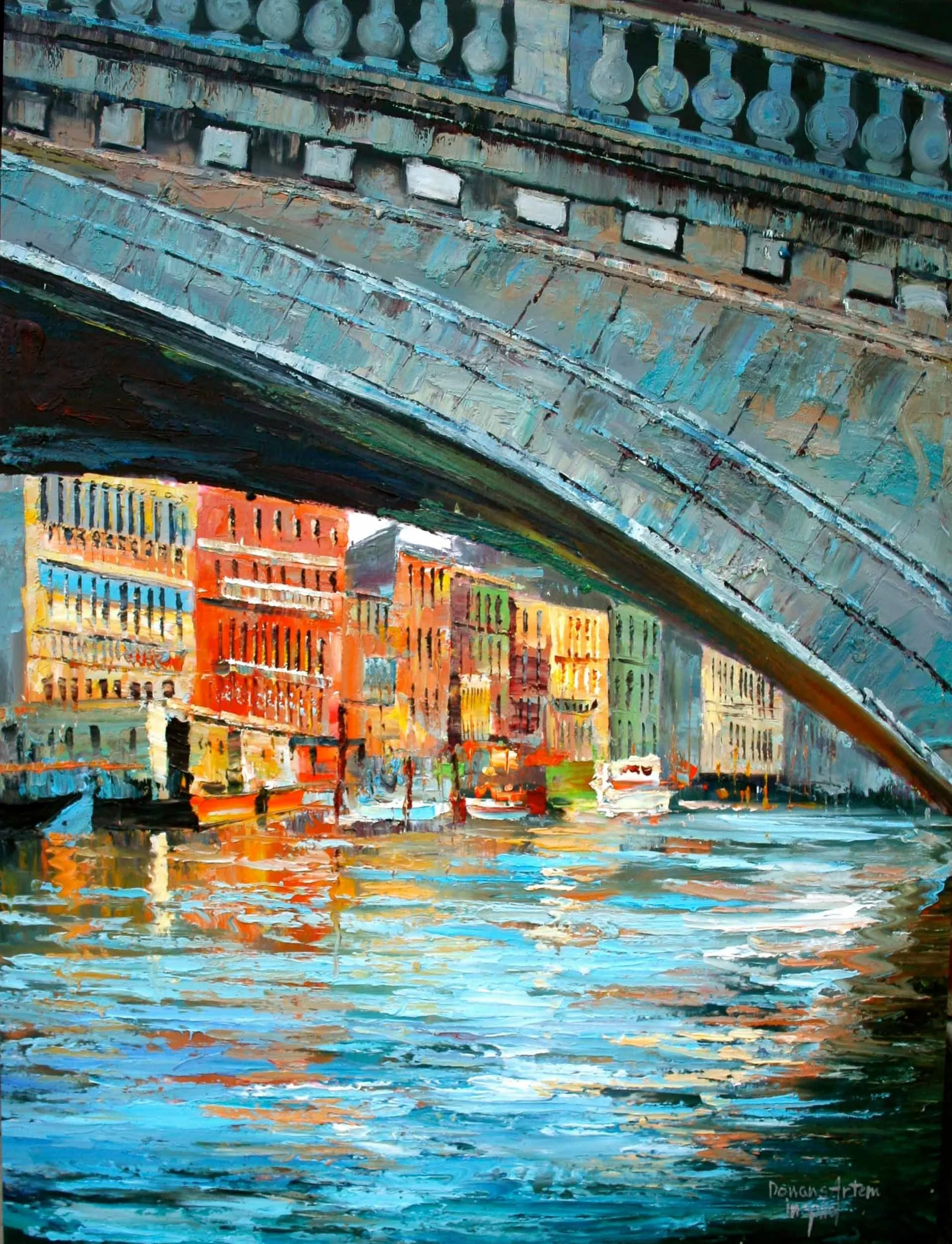 A colorful cityscape painting featuring a large bridge over water, with buildings of various colors and architectural styles in the background.