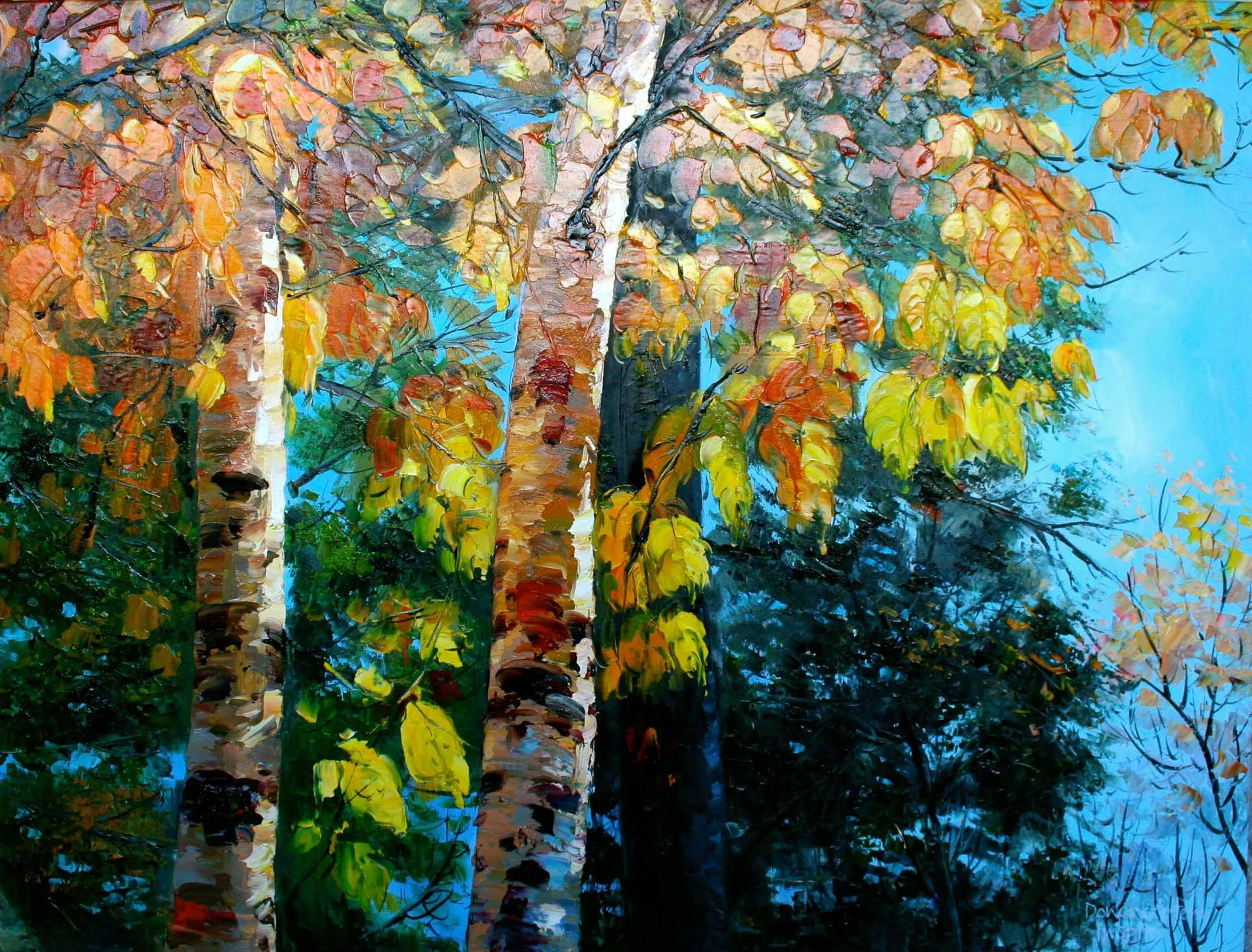 A colorful painting of a group of birch trees with orange, yellow, and brown leaves against a blue sky background.