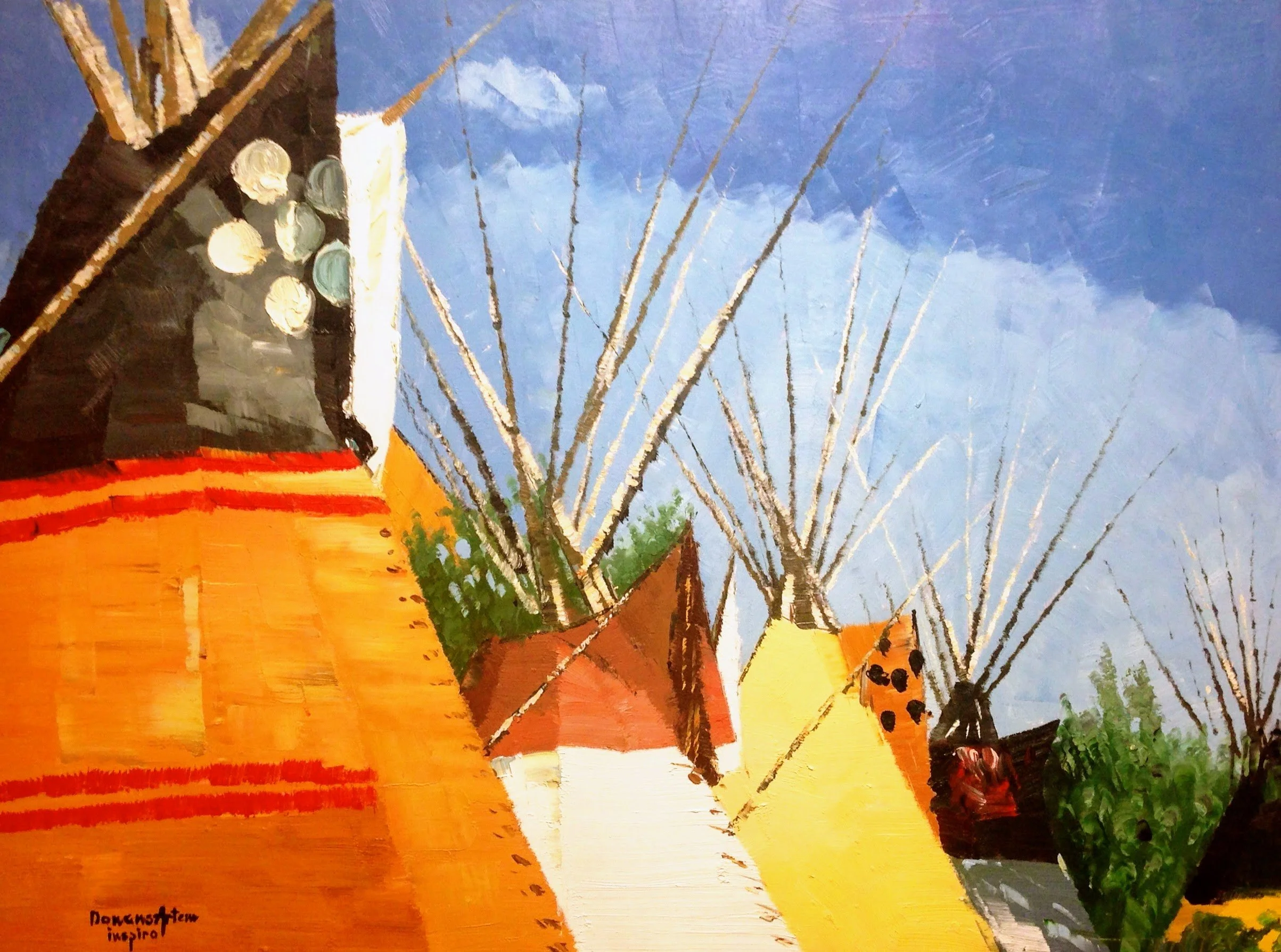 A colorful oil painting of a landscape scene with a bright blue sky, white clouds, leafless trees, and a sunset or sunrise with orange and yellow hues. There are some green bushes and a dark structure or shed in the bottom right corner.