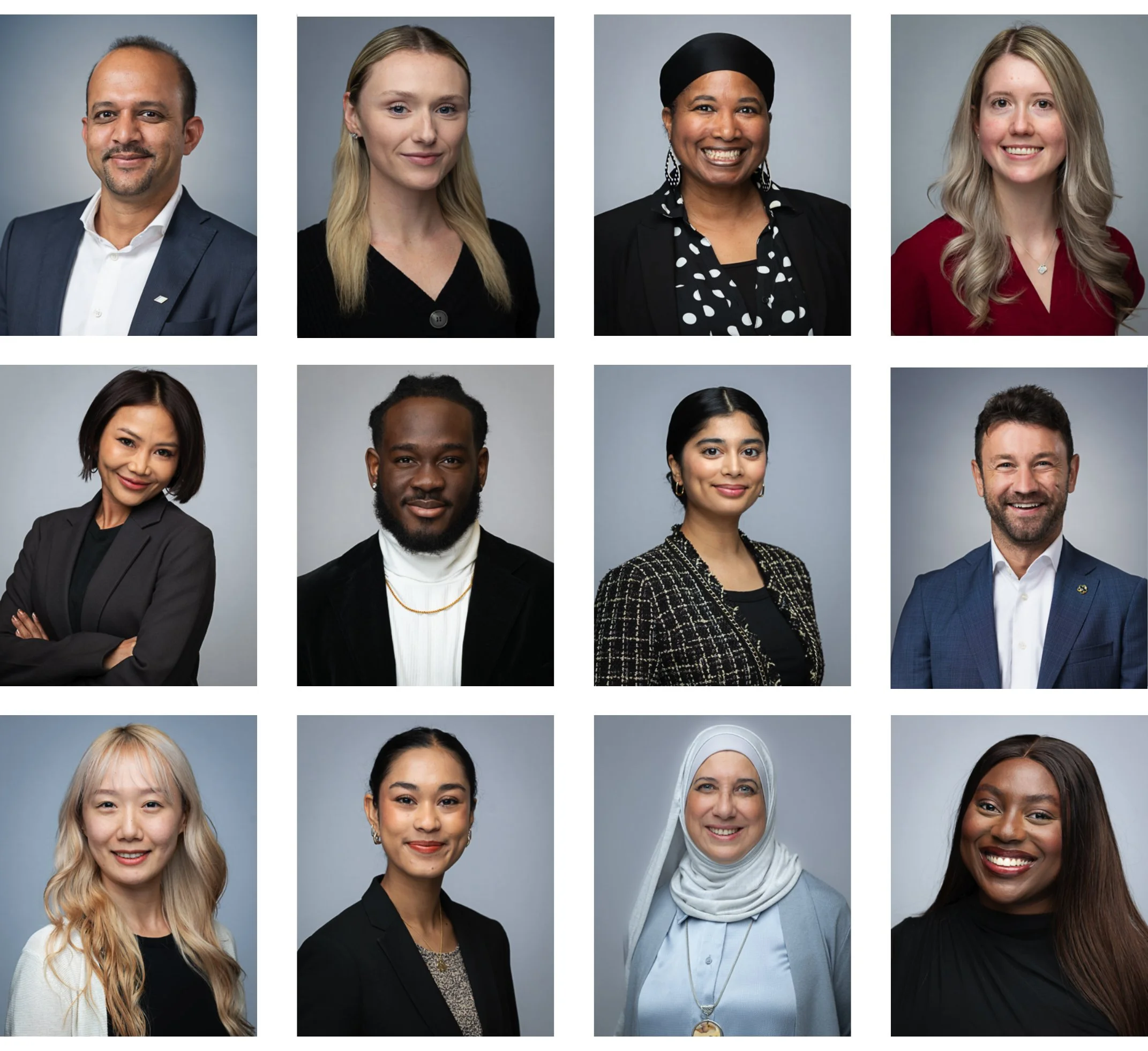 Collage of headshots of diverse professional individuals smiling and dressed in business attire against gray backgrounds.
