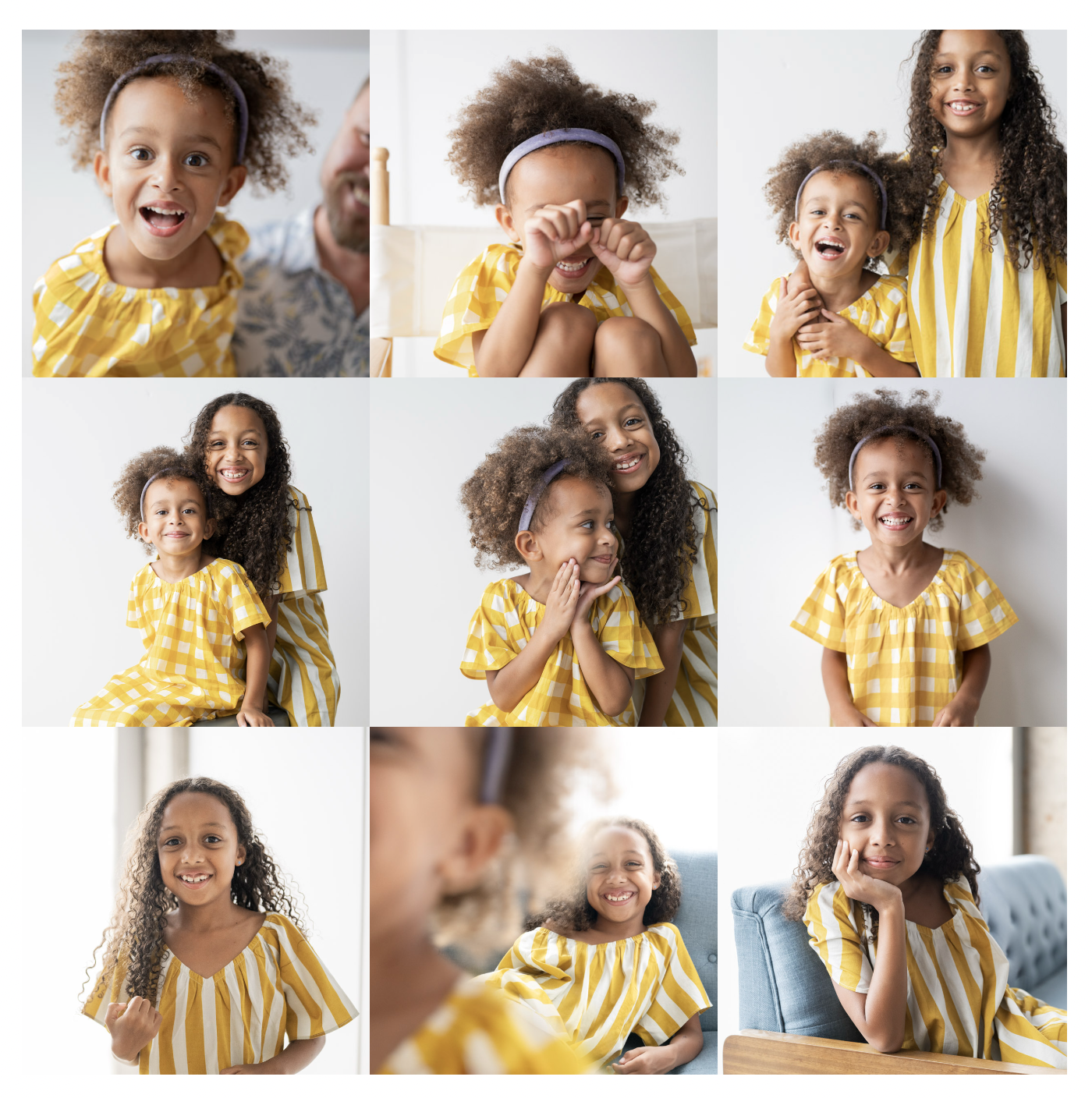A compilation of images of a young girl with curly hair wearing a yellow and white checkered dress, showcasing various joyful and candid moments with different expressions and poses in both indoor and studio settings.