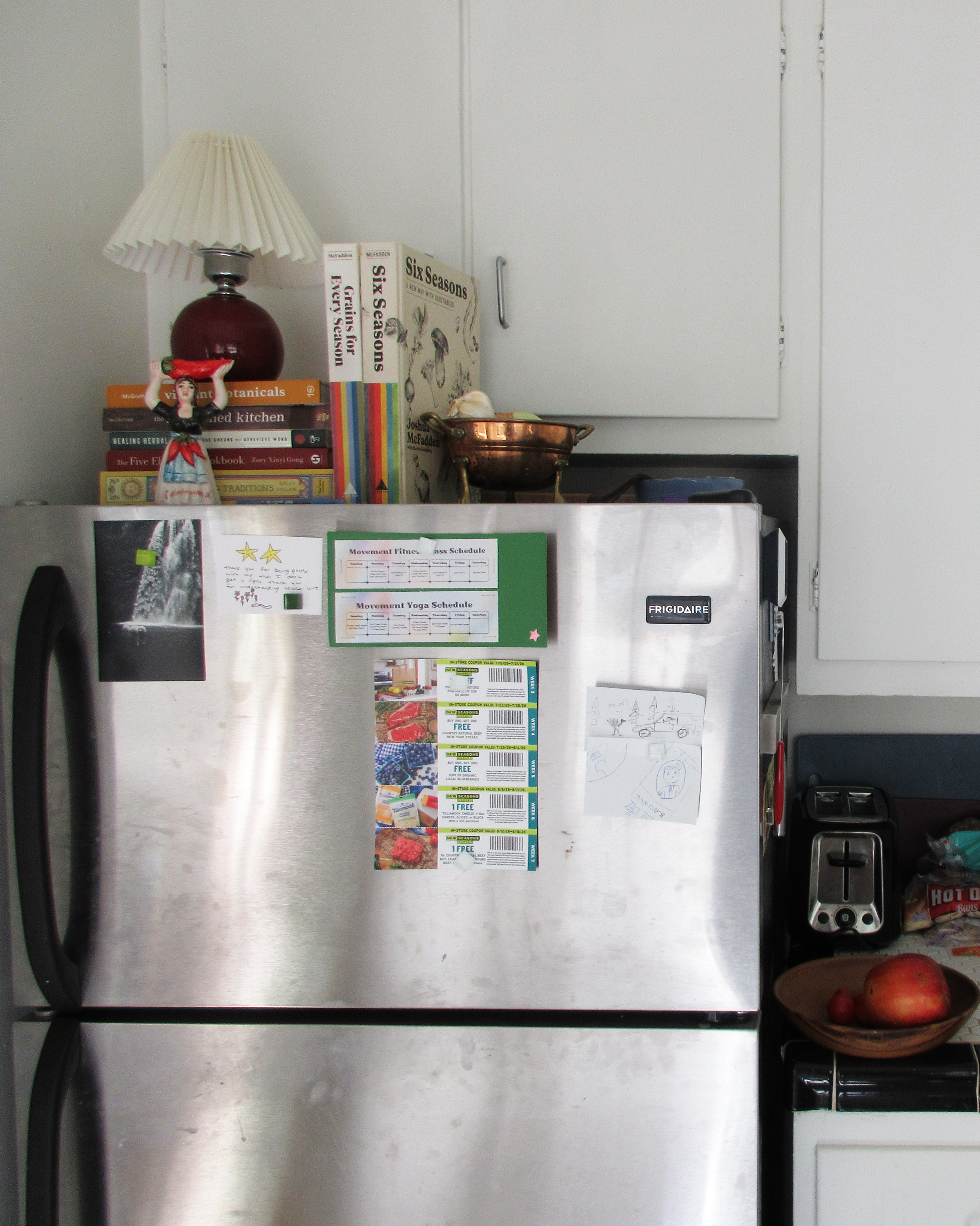 the fridge contains multitudes: a photograph of enzo, a sweet note, coupons, movement class schedules, mementos from a game of telephone pictionary.