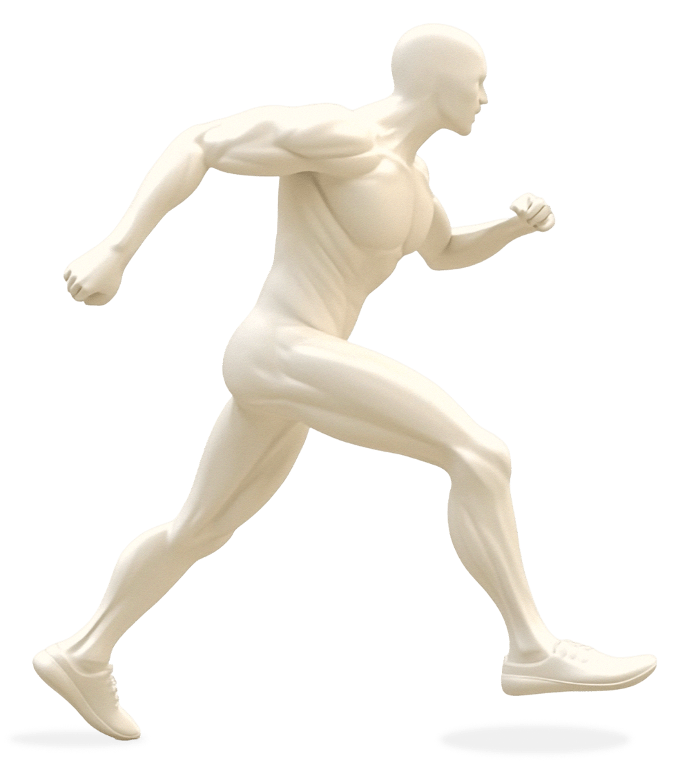 White sculpture of a male figure in a running pose on a black background.